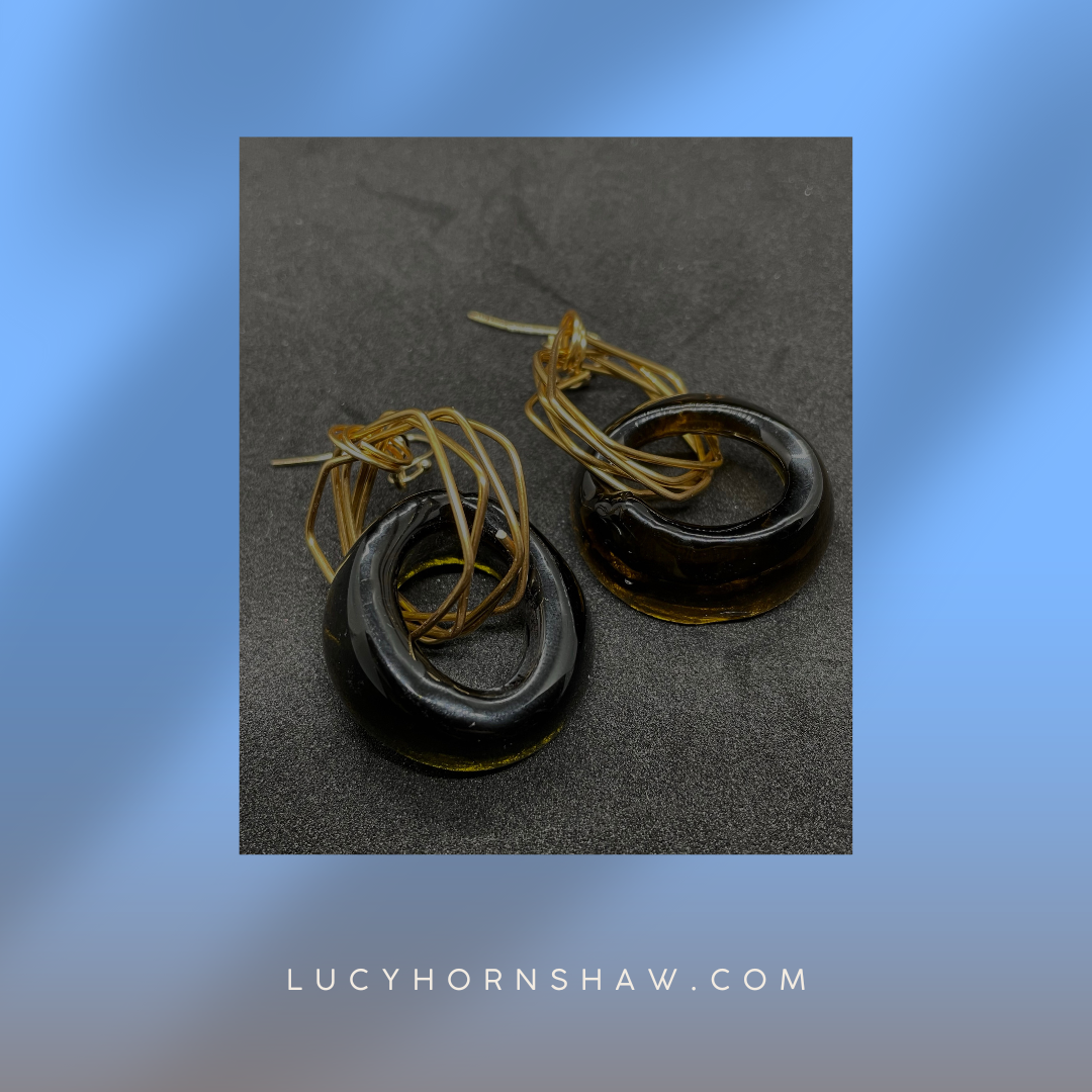 Fused brown glass doughnut earrings with gold wire