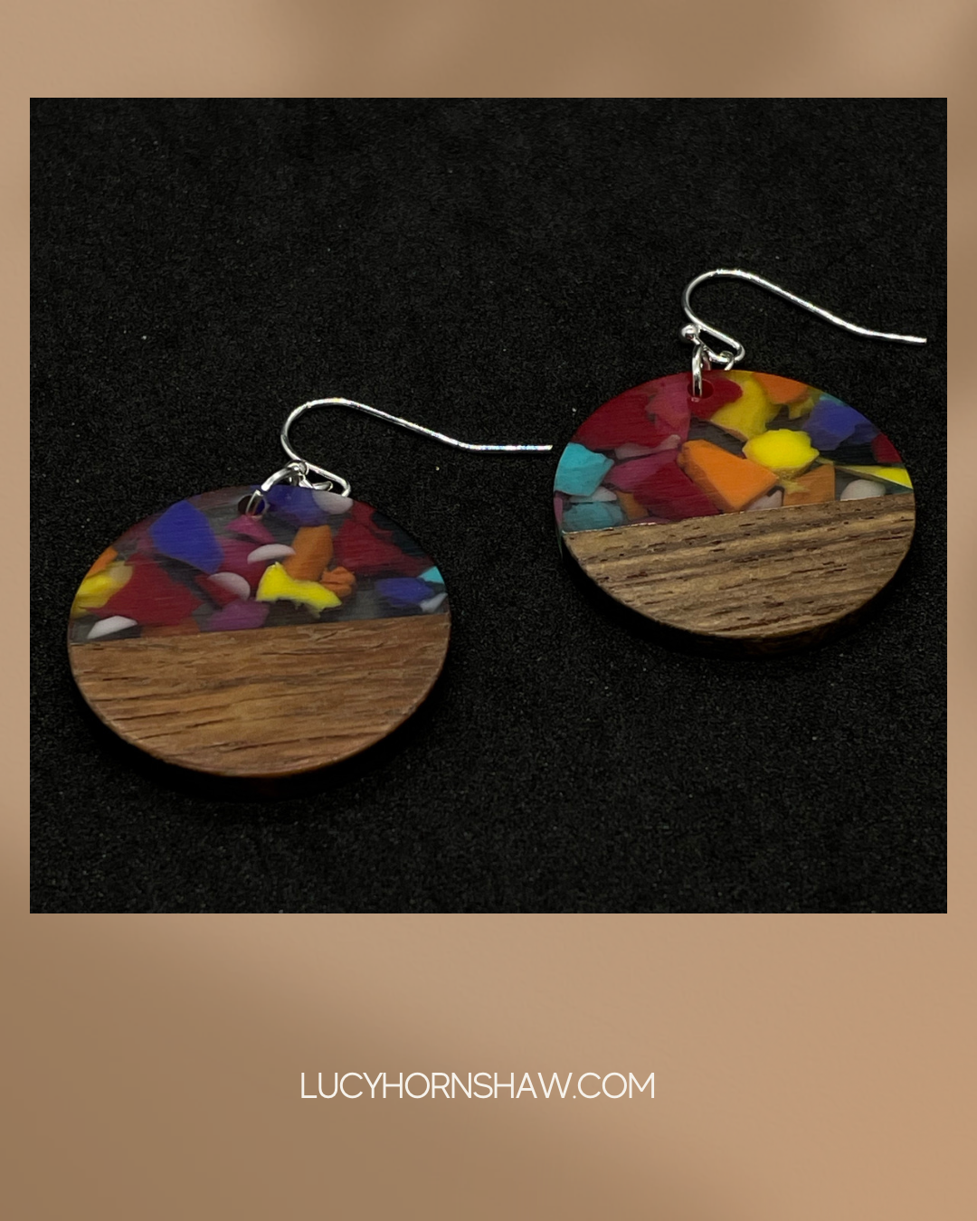 Wooden disc with multi-coloured resin detail short or medium drop, drop earrings