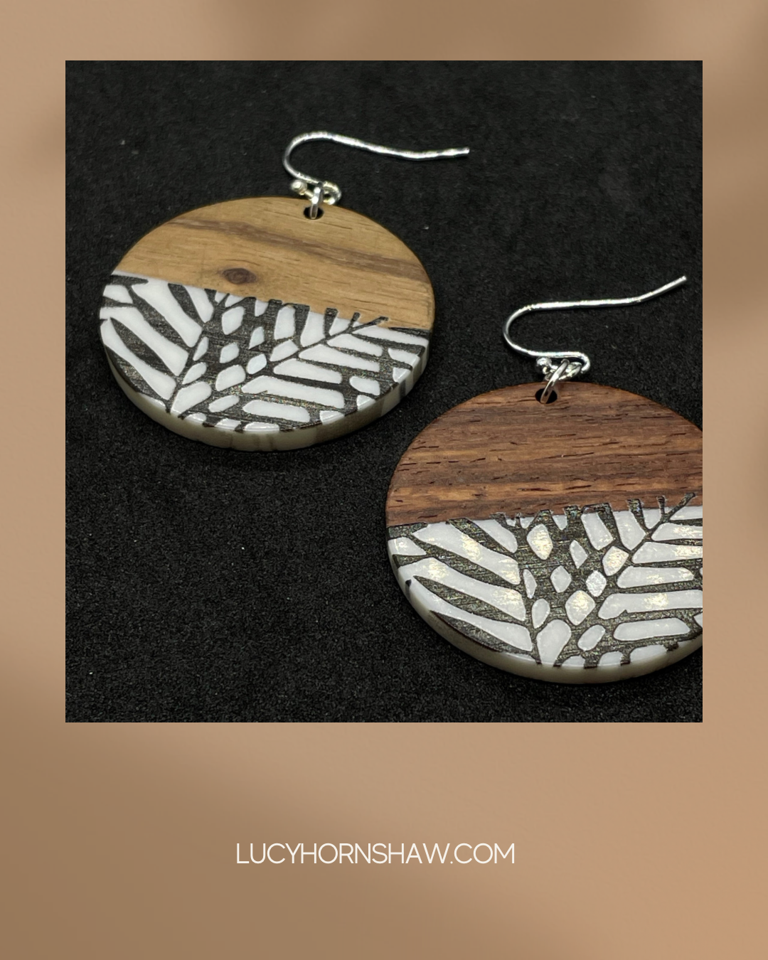 Wooden disc with black & white resin drop earrings
