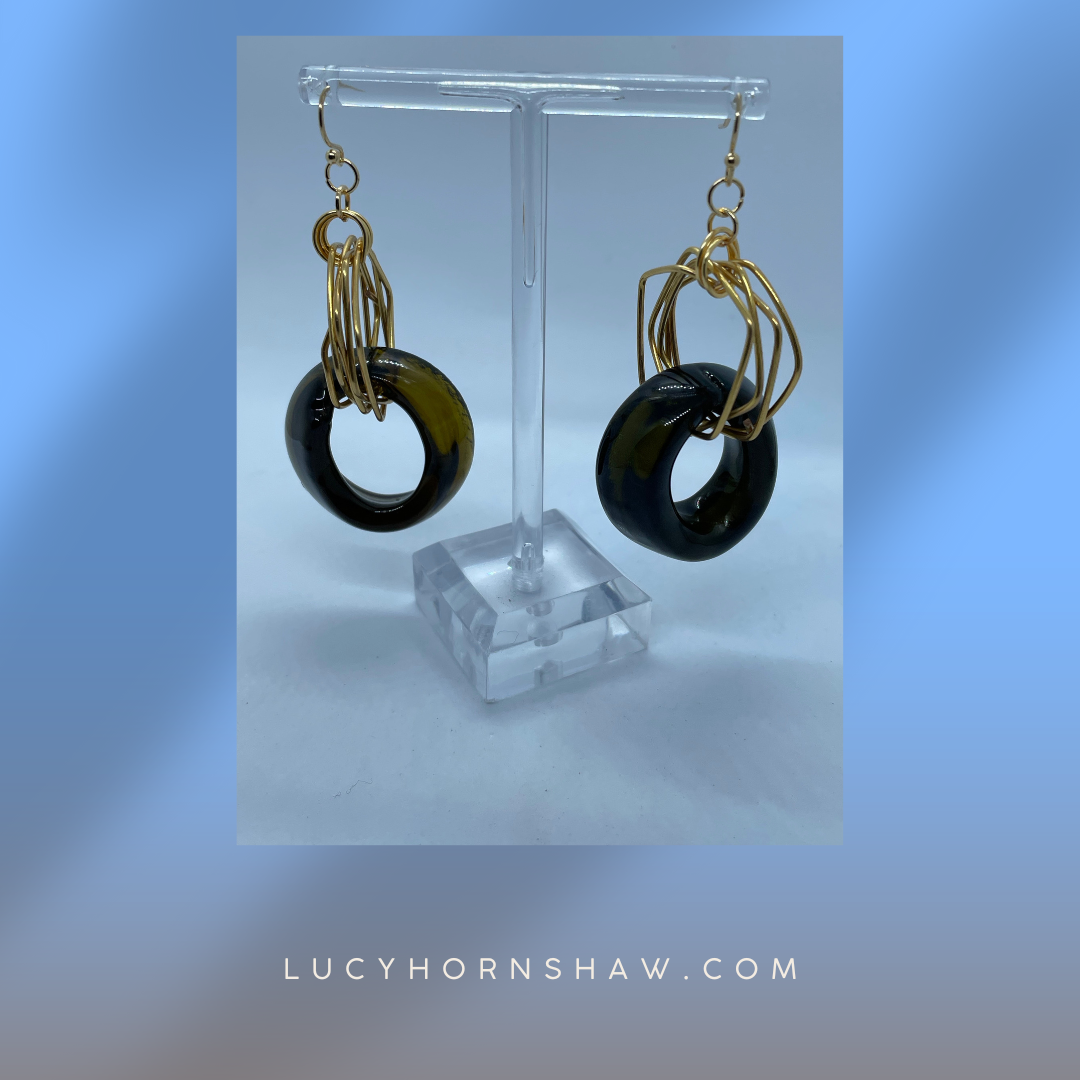 Fused brown glass doughnut earrings with gold wire