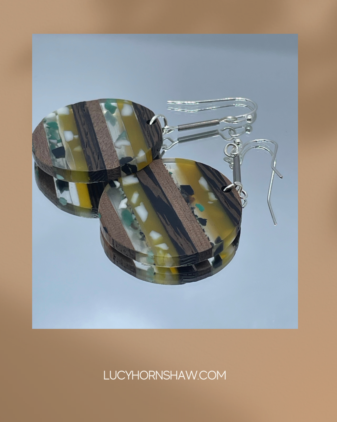 Wooden disc with resin detail drop earrings - greens, clear black & white resin