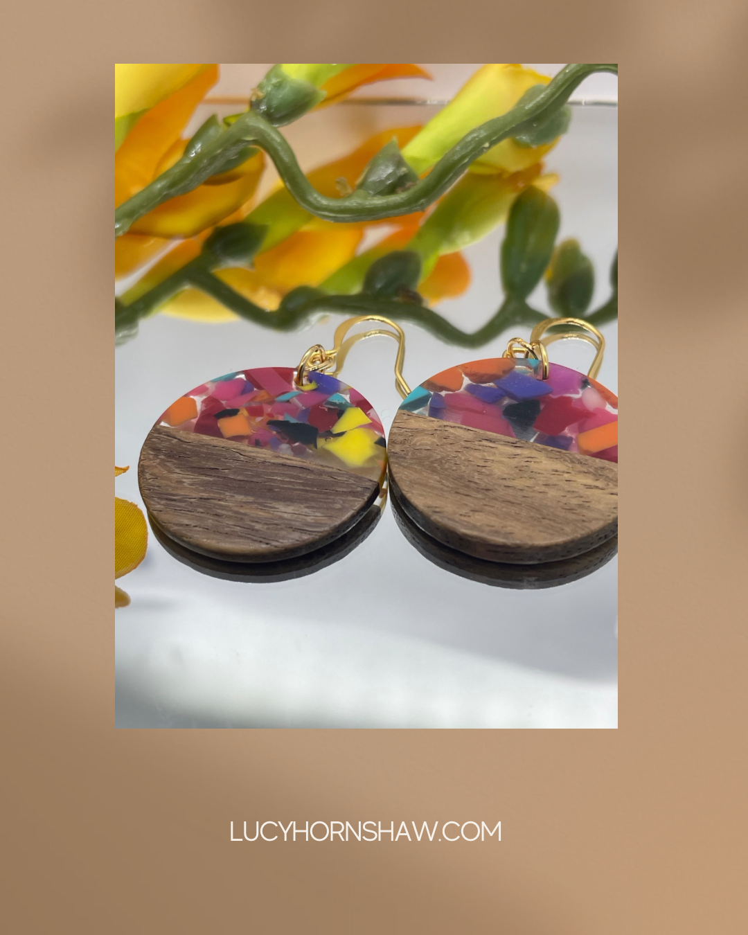 Wooden disc with multi-coloured resin detail short or medium drop, drop earrings