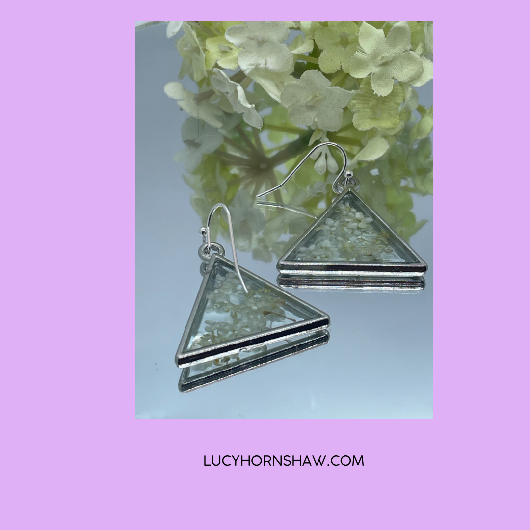 Elderflower & resin triangle earrings