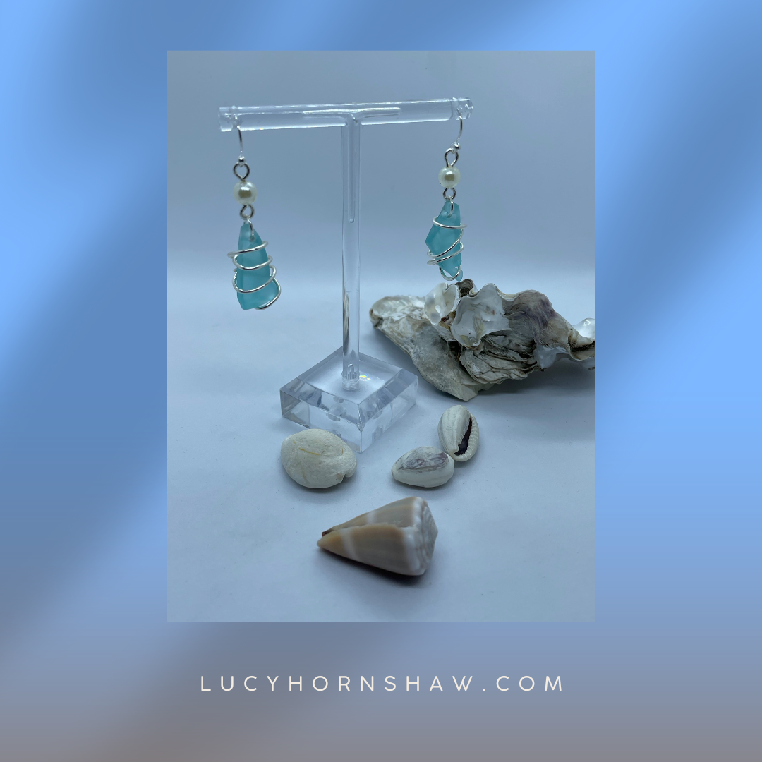 Turquoise seaglass with pearl earrings
