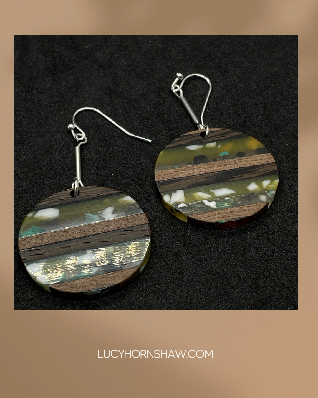 Wooden disc with resin detail drop earrings - greens, clear black & white resin