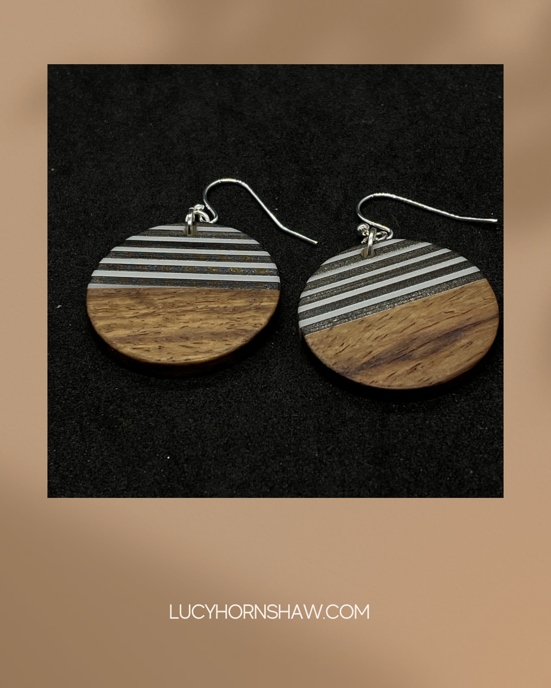 Wooden disc with black & white resin drop earrings