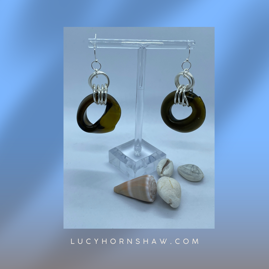 Fused brown glass doughnut silver earrings