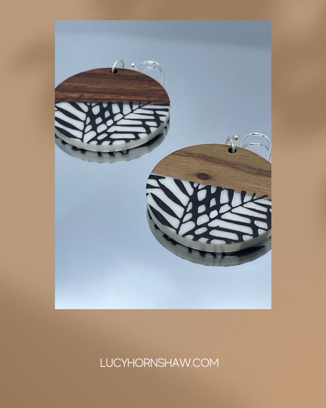 Wooden disc with black & white resin drop earrings