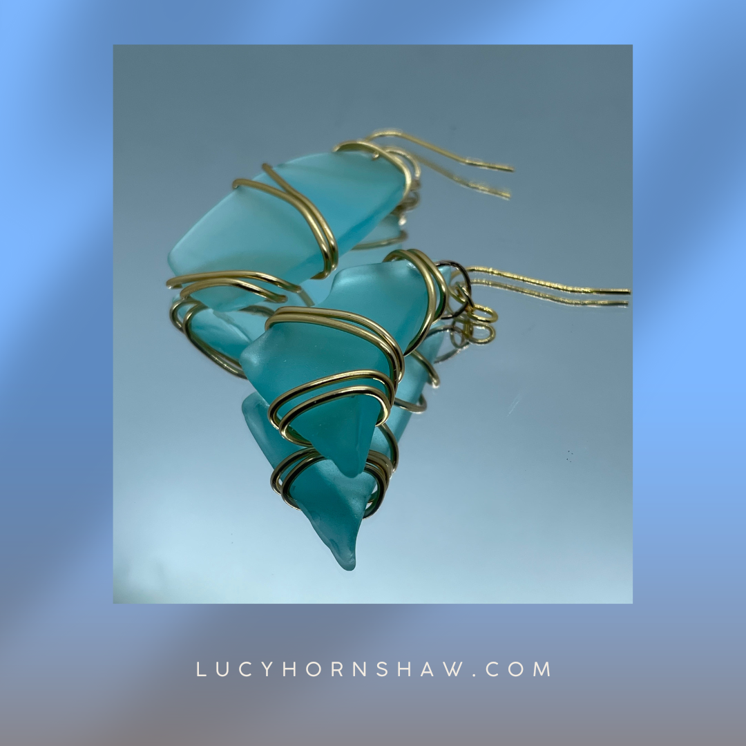 Turquoise Seaglass with gold wire wrap drop earrings