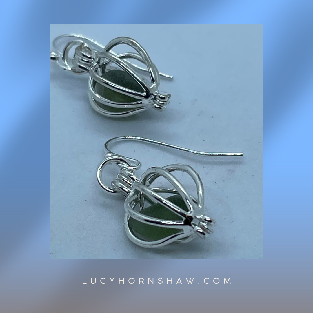 Green Seaglass in silver cage drop earrings