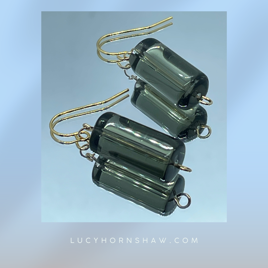 Grey glass cylinder bead drop earrings