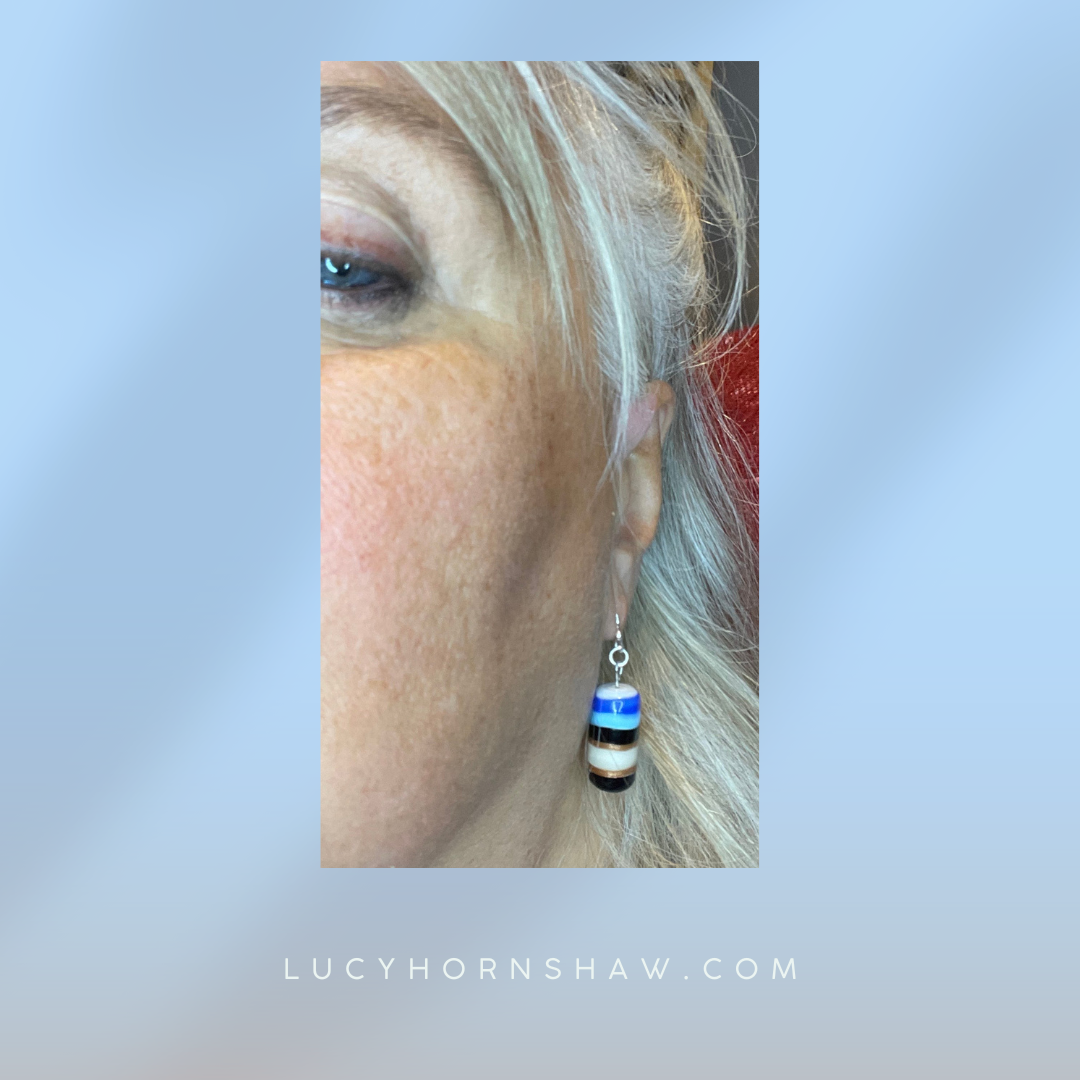 Blue, black and white cylinder drop earrings