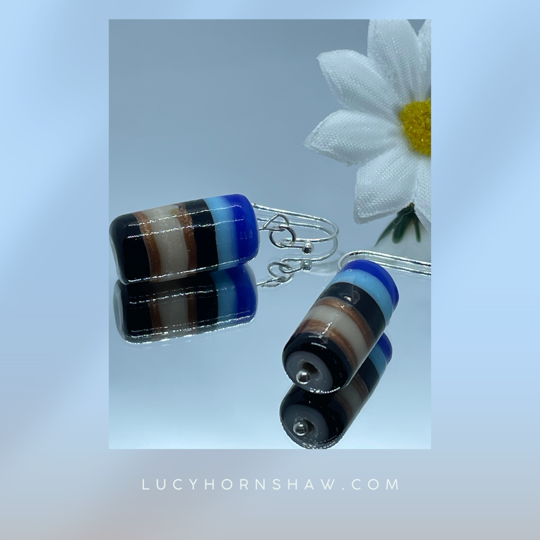 Blue, black and white cylinder drop earrings