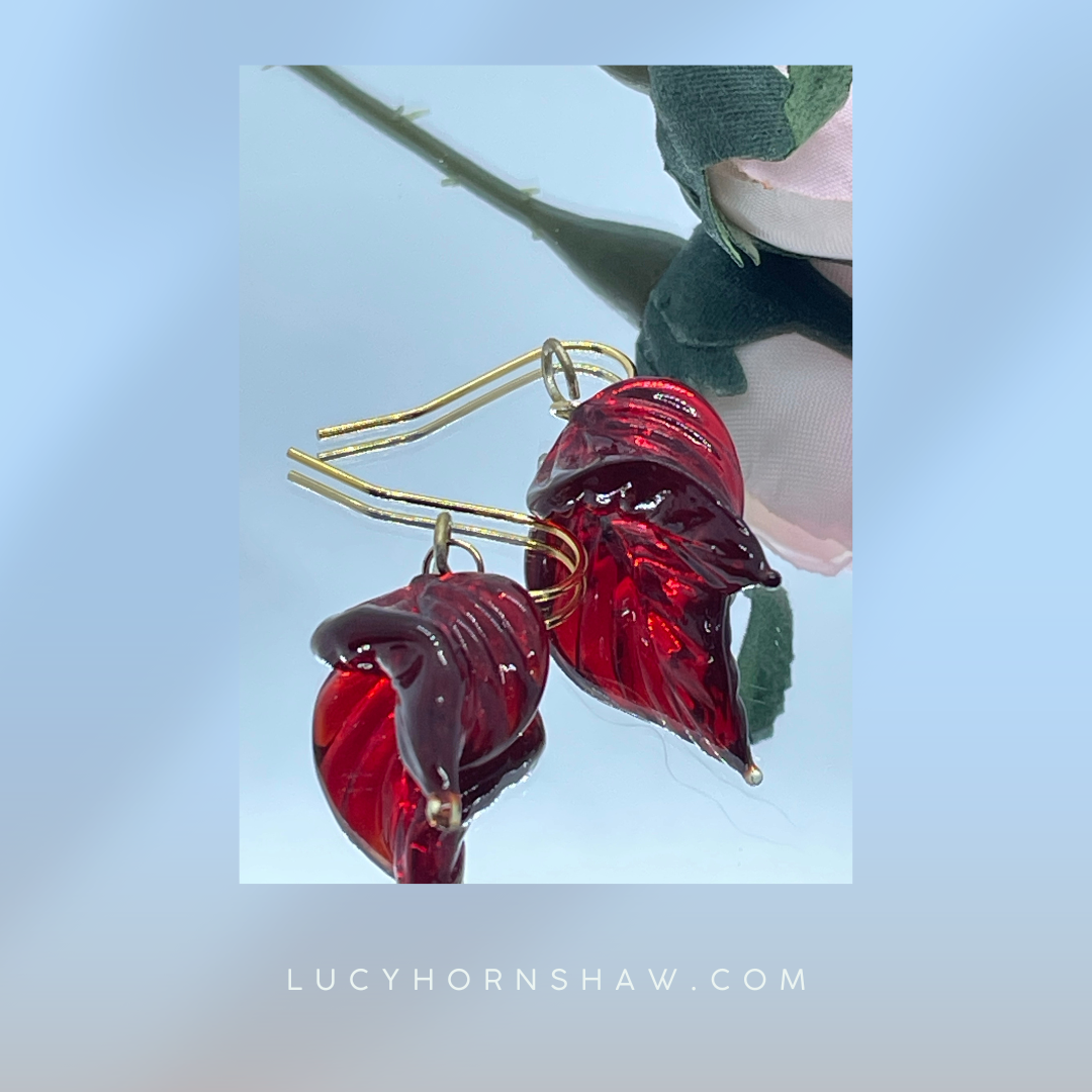 Rose red glass leaf drop earrings