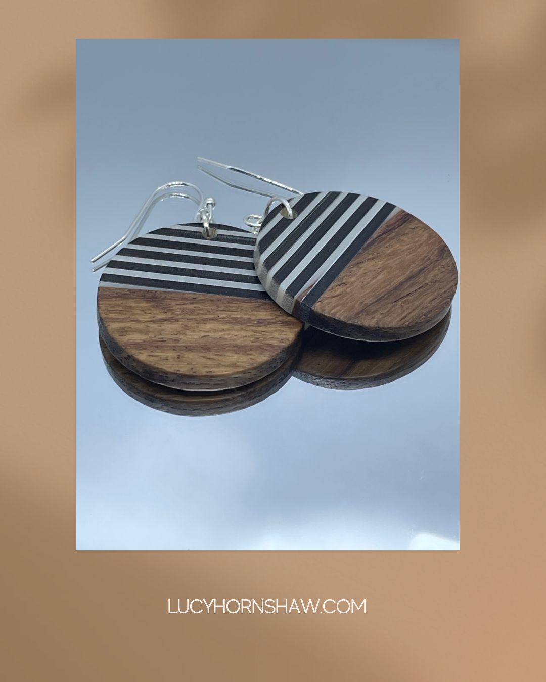 Wooden disc with black & white resin drop earrings