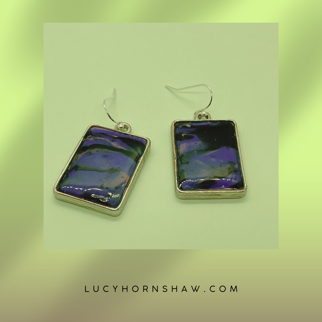 Blue & black oblong, in silver casing, polymer clay, drop earrings
