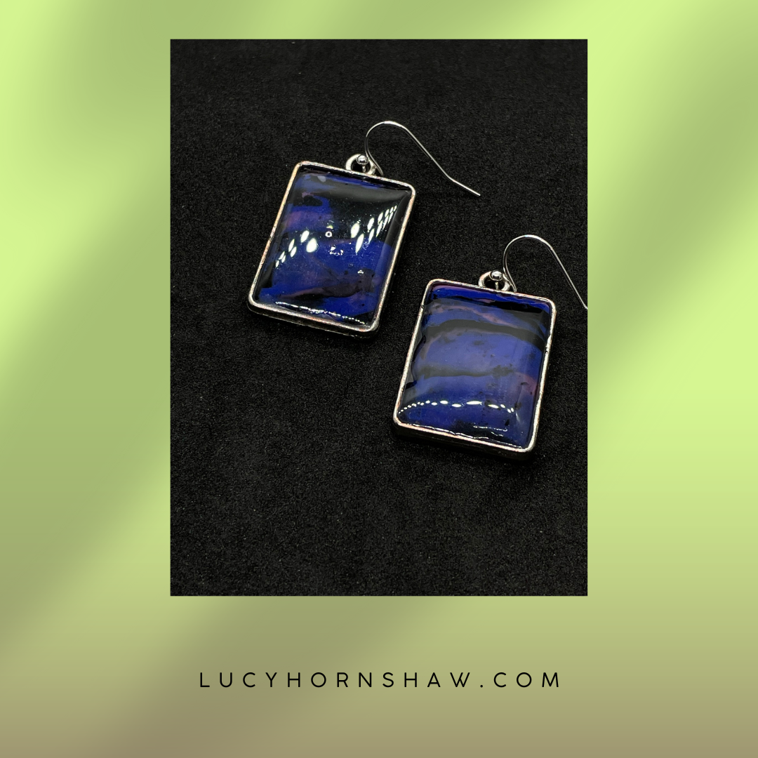 Blue & black oblong, in silver casing, polymer clay, drop earrings