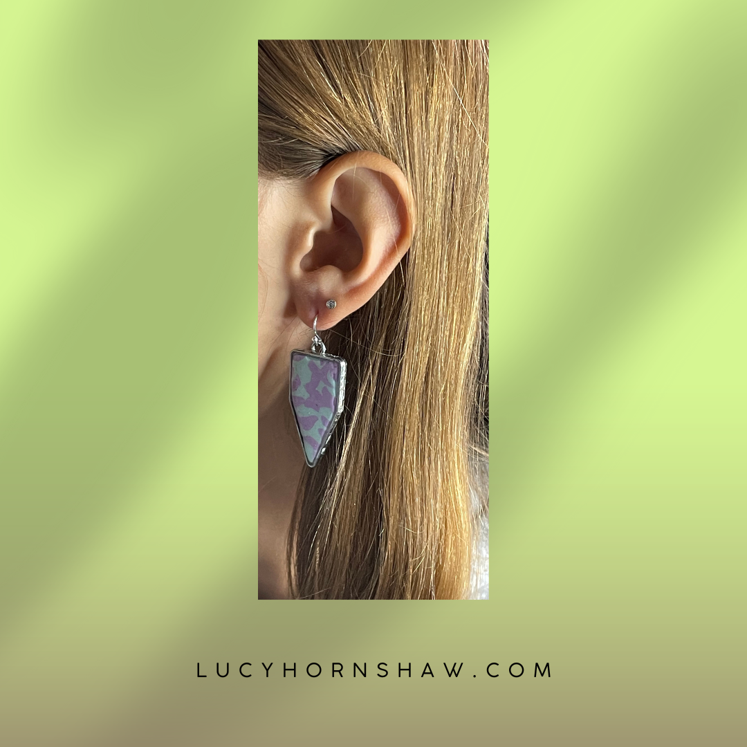 Blue & lilac polygon, polymer clay drop earrings
