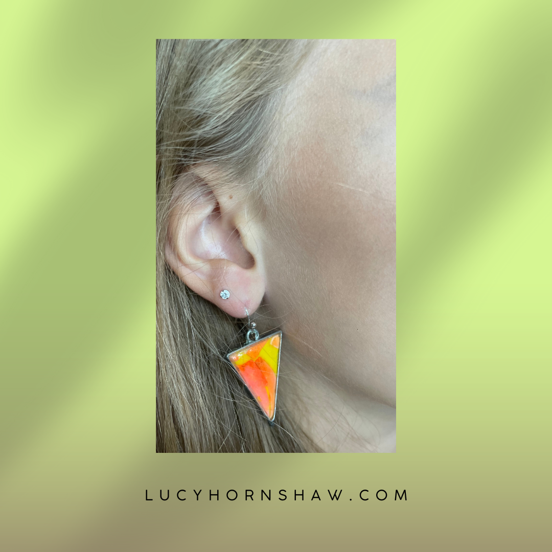 Orange & yellow inverted triangle polymer clay drop earrings