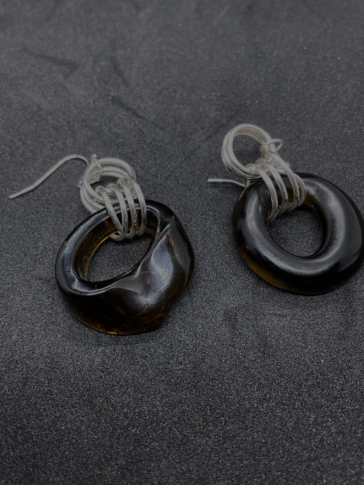 Fused brown glass doughnut silver earrings