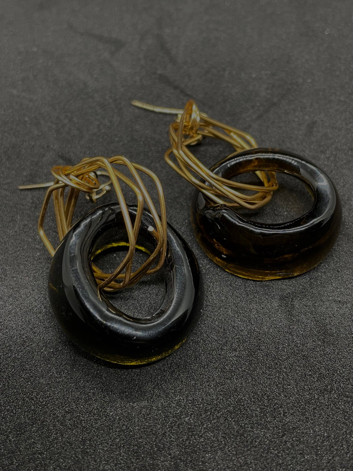 Fused brown glass doughnut earrings with gold wire