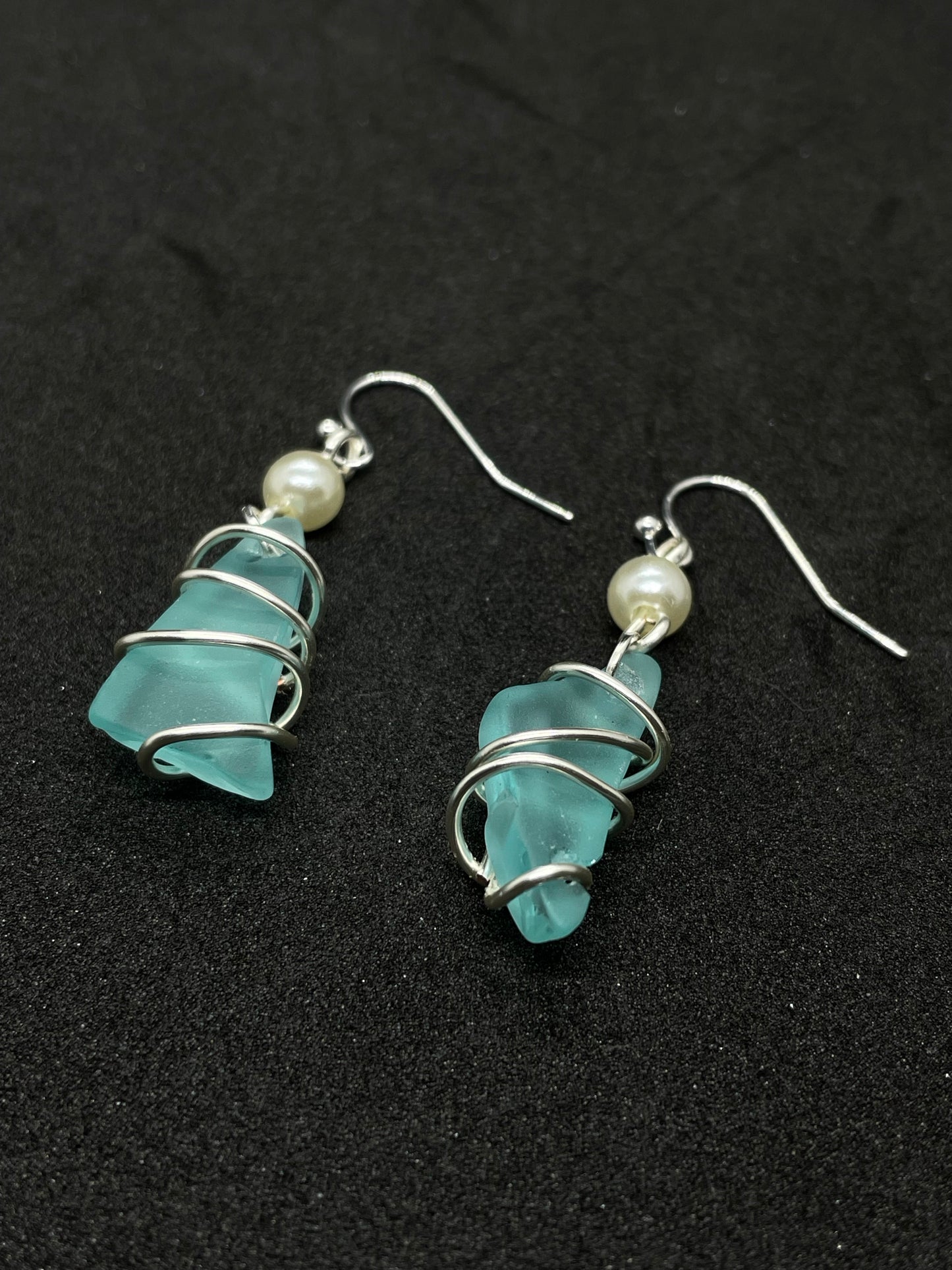Turquoise seaglass with pearl earrings