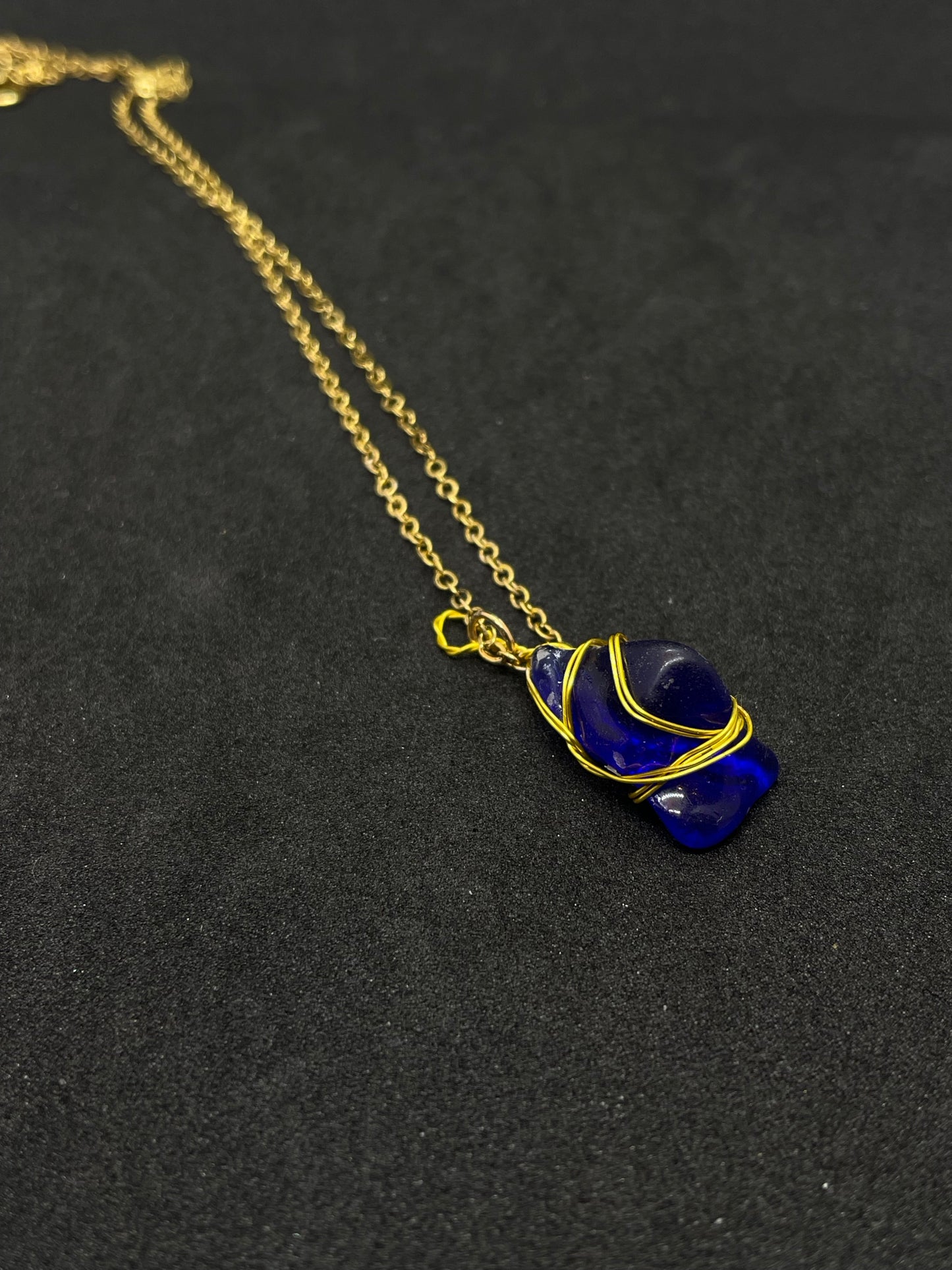 Blue seaglass and gold wire necklace