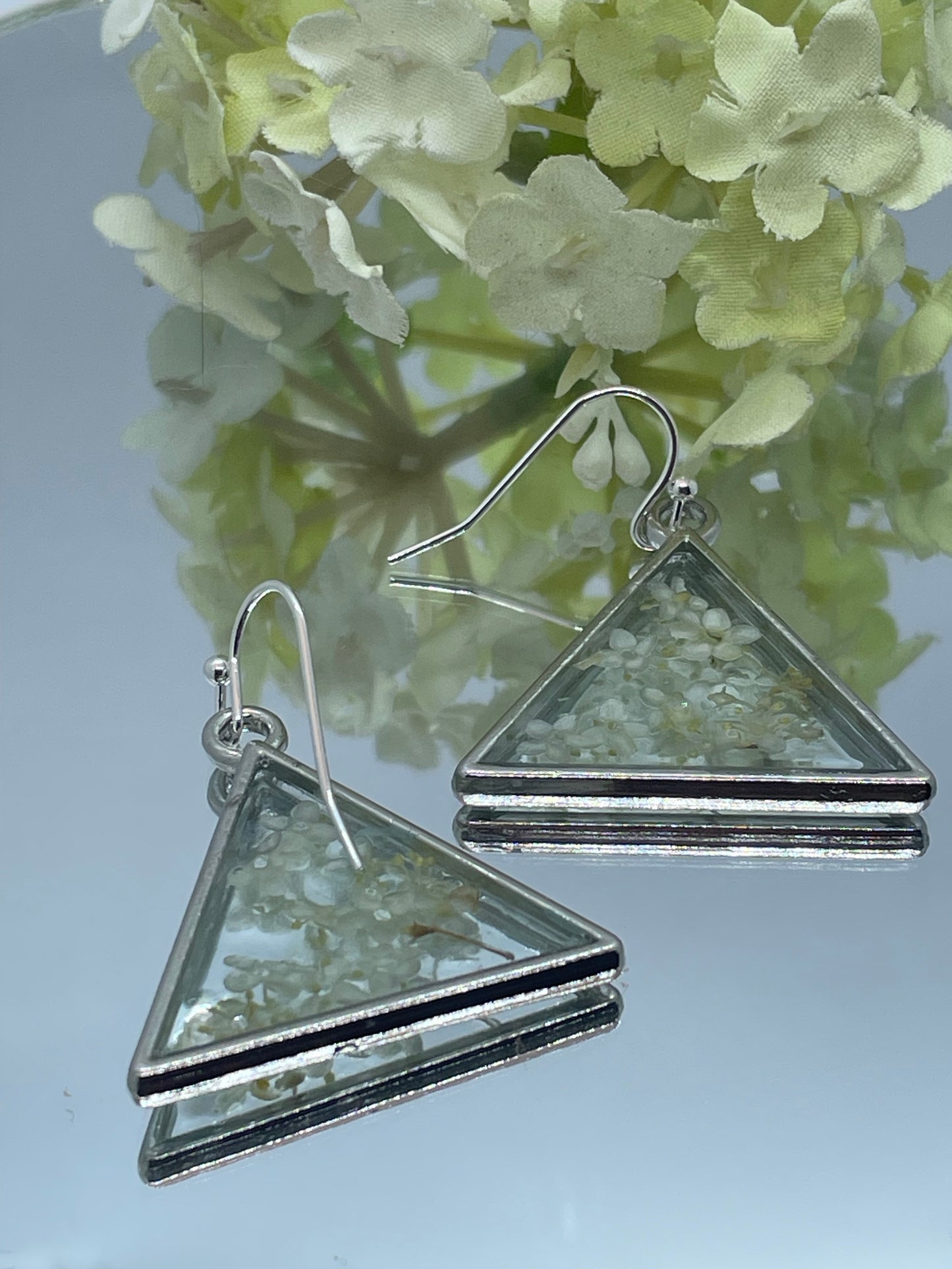 Elderflower & resin triangle earrings