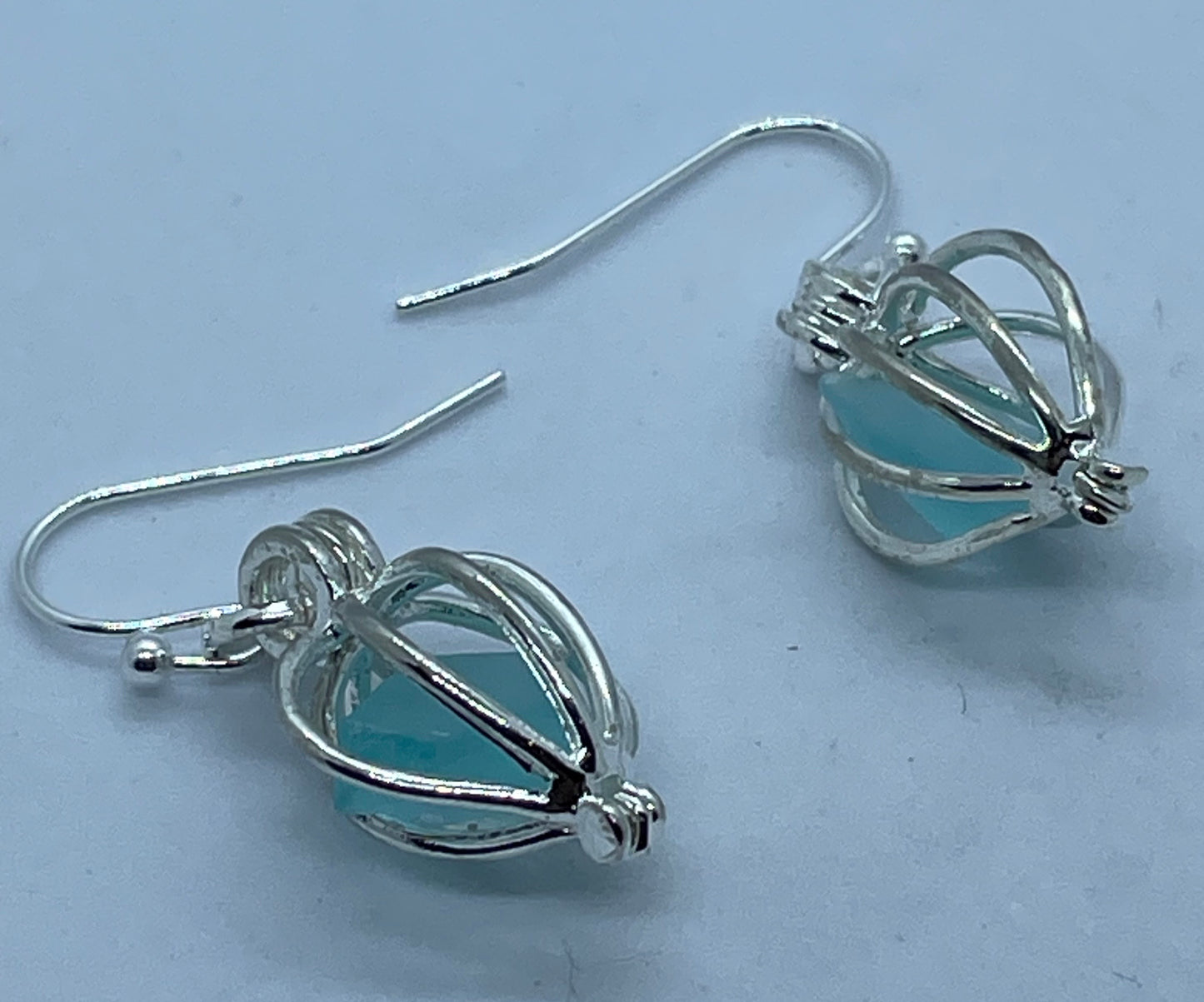 Turquoise Seaglass in silver cage earrings
