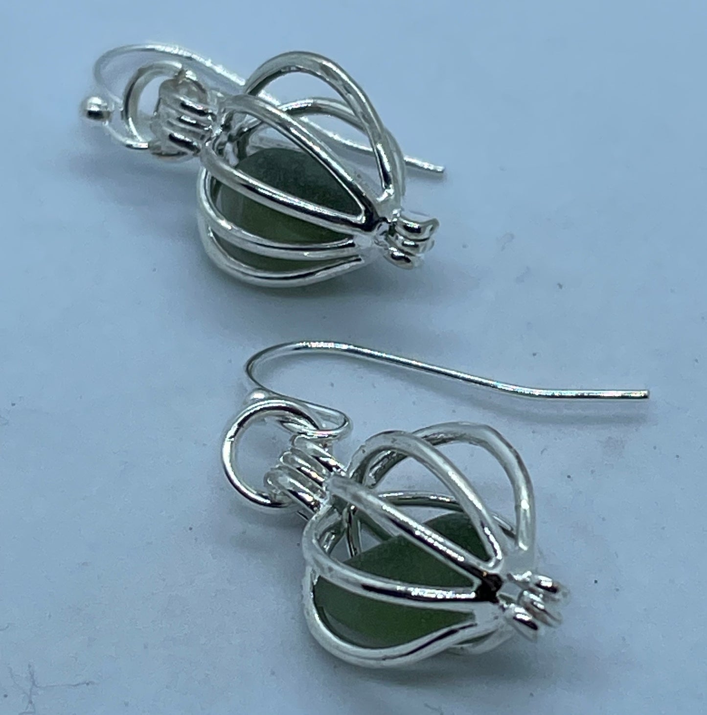 Green Seaglass in silver cage drop earrings