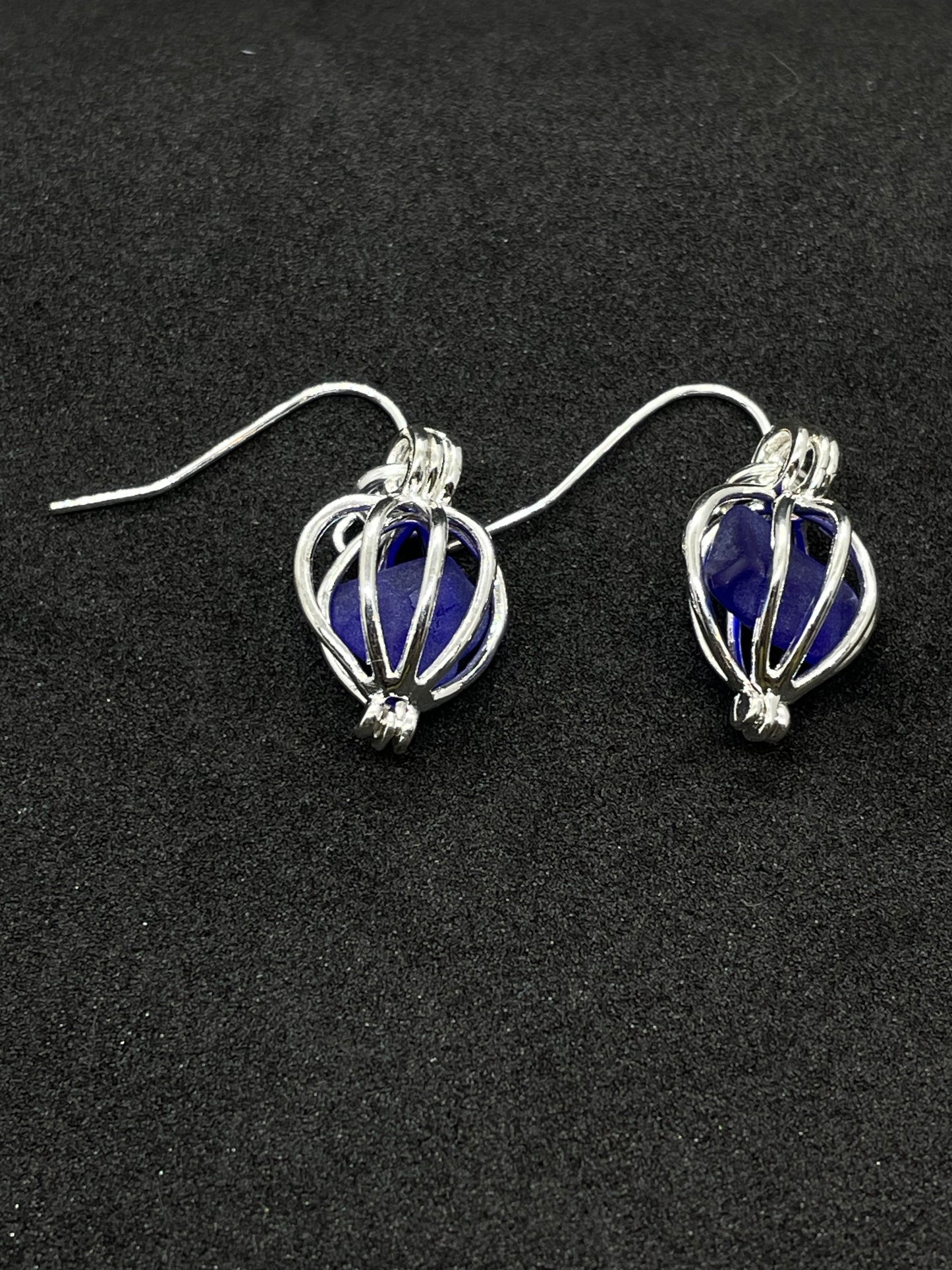 Blue Seaglass in silver cage drop earrings