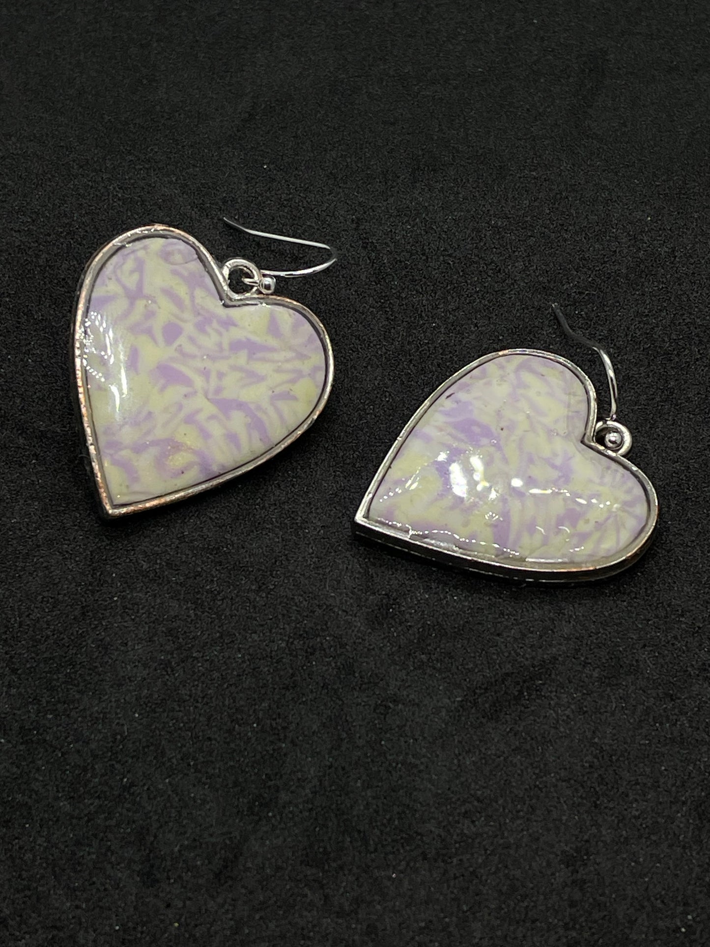 Lilac & cream heart, in silver casing, polymer clay drop earrings