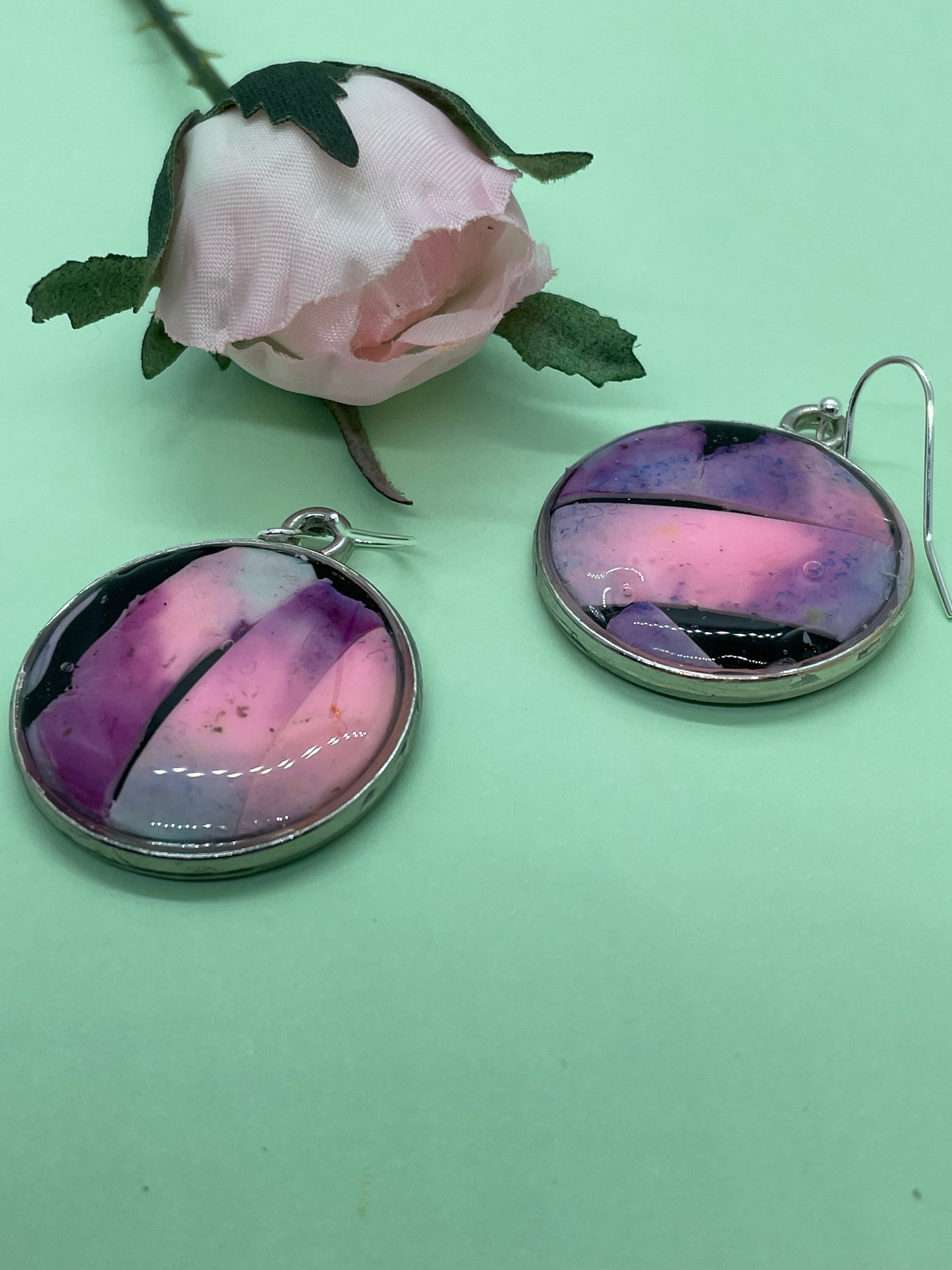 Pink, purple and black disc polymer clay drop earrings