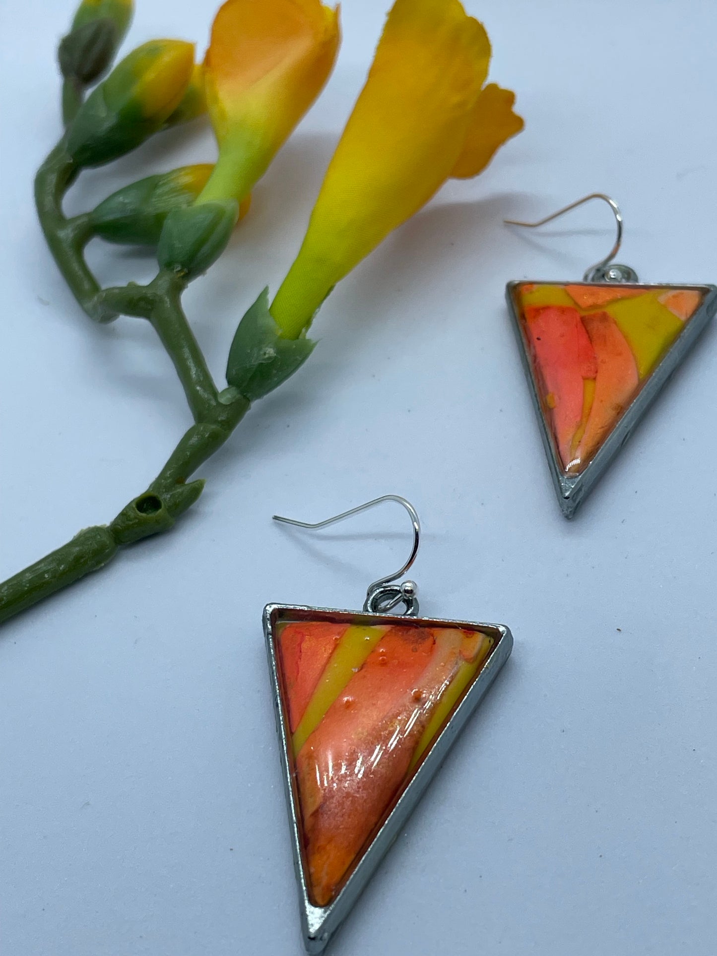 Orange & yellow inverted triangle polymer clay drop earrings