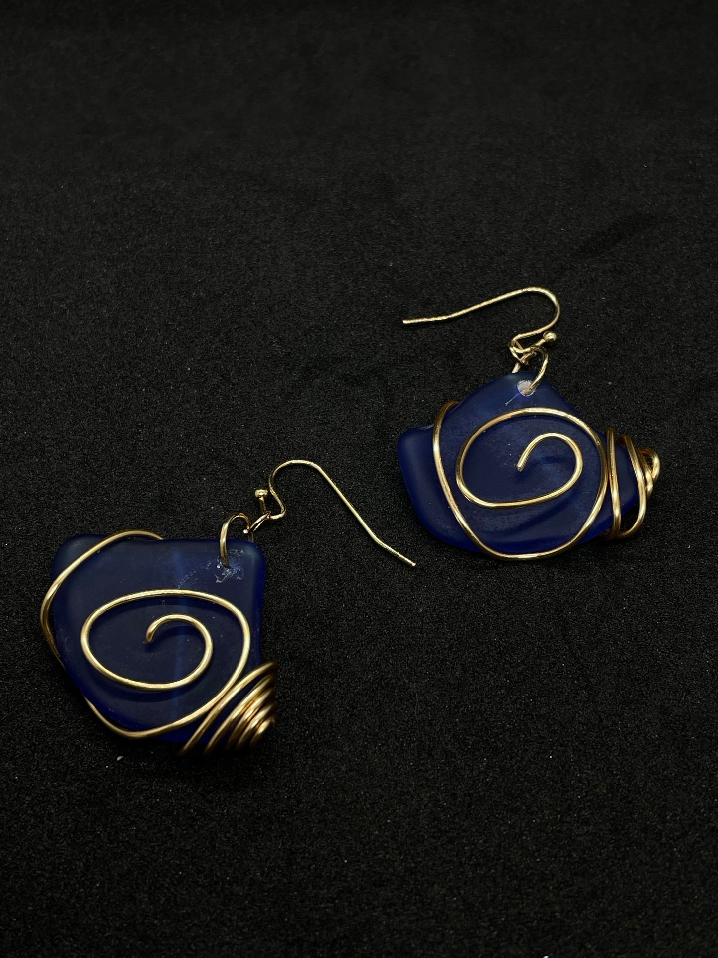 Blue Seaglass with gold wire coils, drop earrings