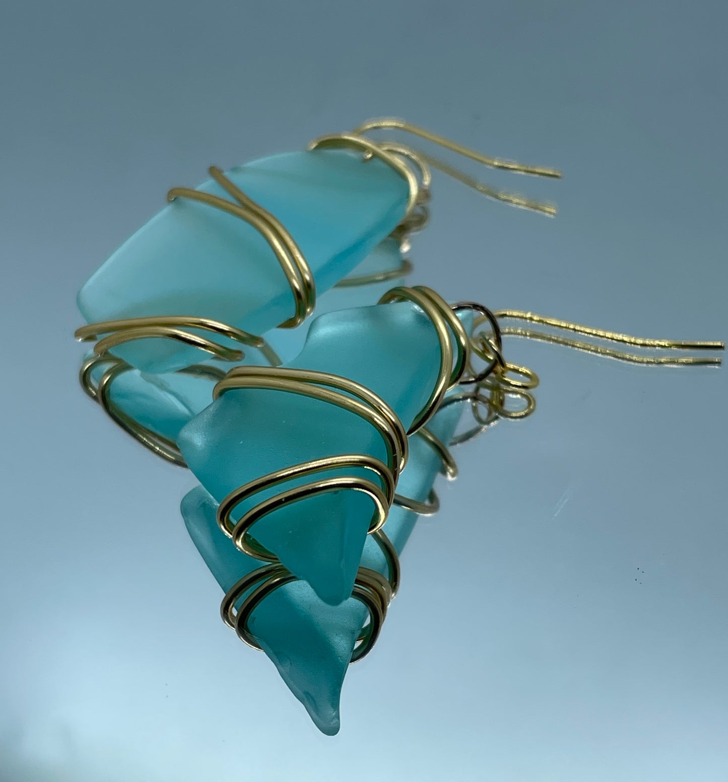 Turquoise Seaglass with gold wire wrap drop earrings