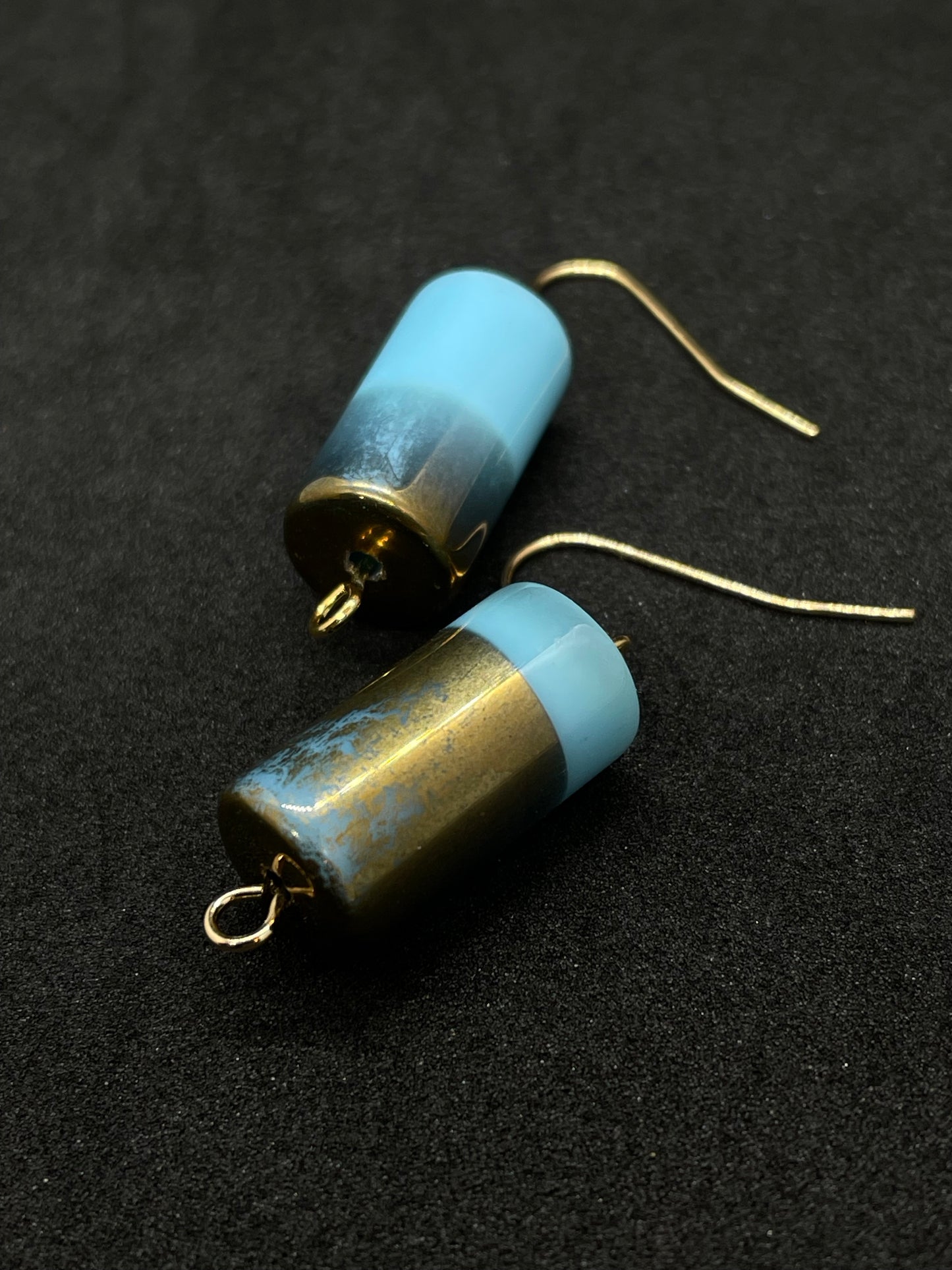 Blue and gold glass cylinder drop earrings
