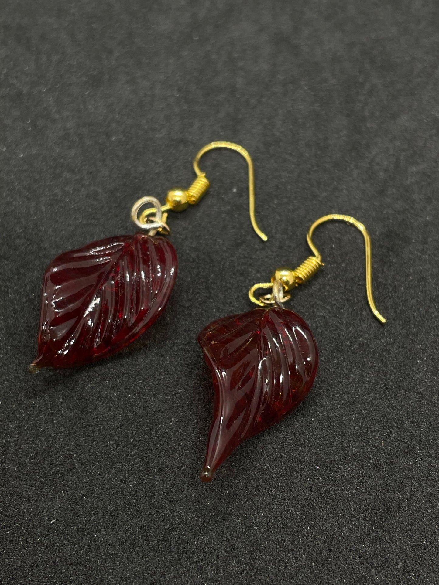 Rose red glass leaf drop earrings