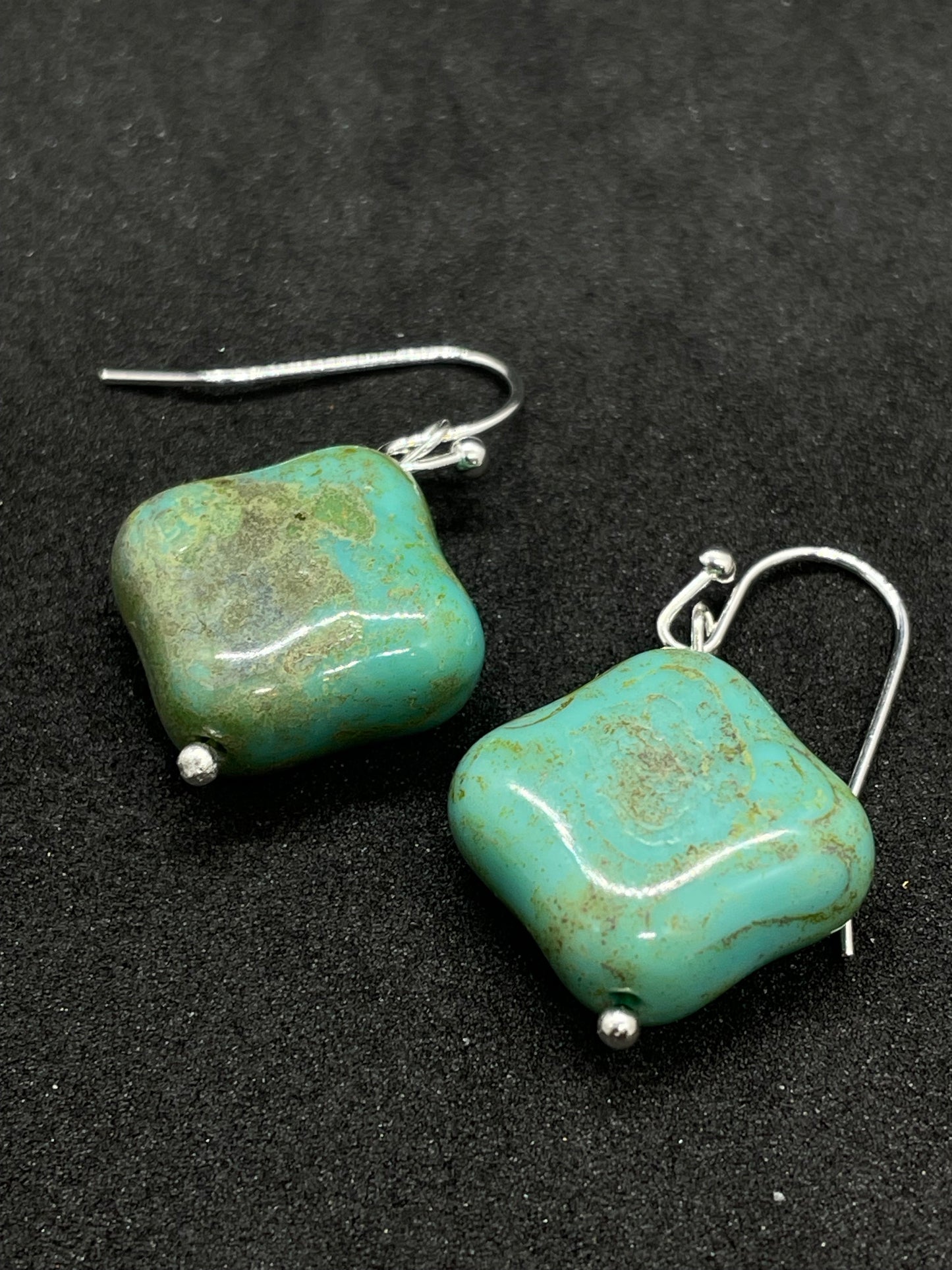 Turquoise rhombus bead on silver French hook, drop earrings