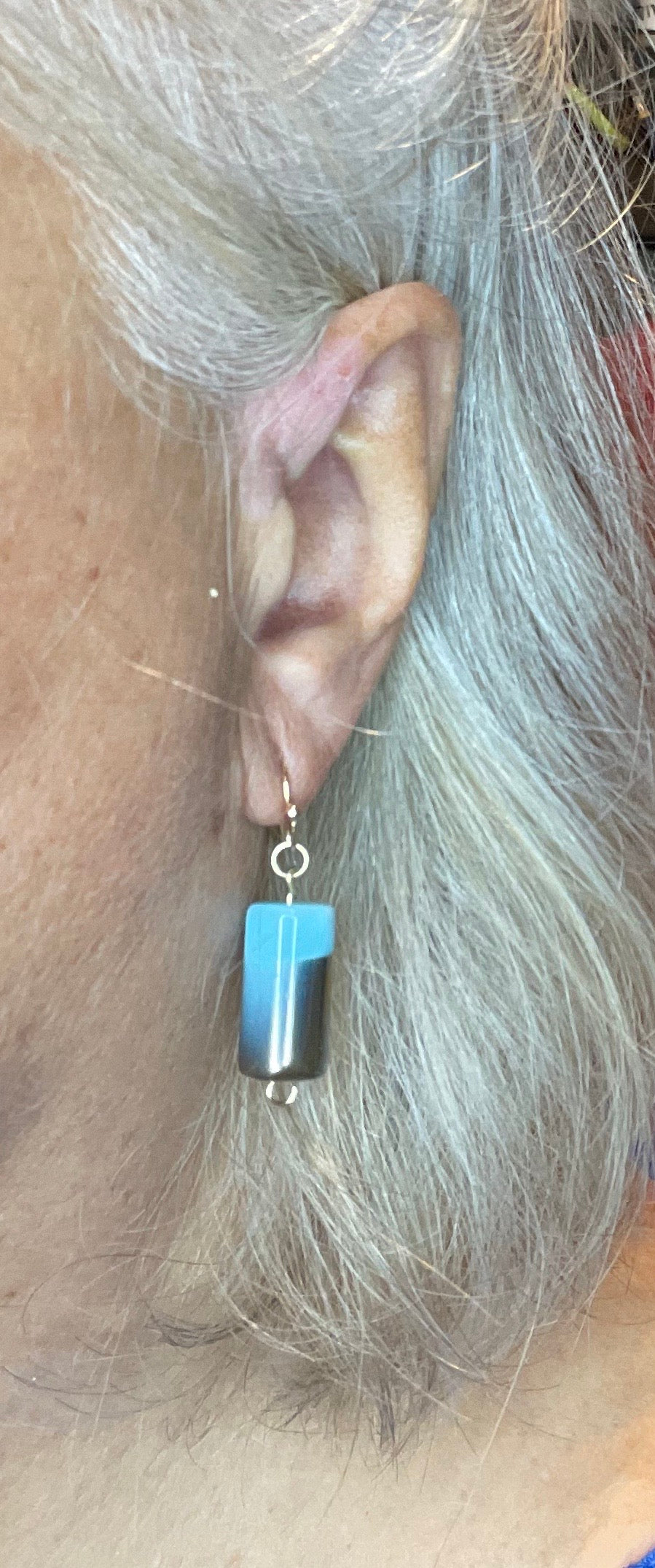 Blue and gold glass cylinder drop earrings