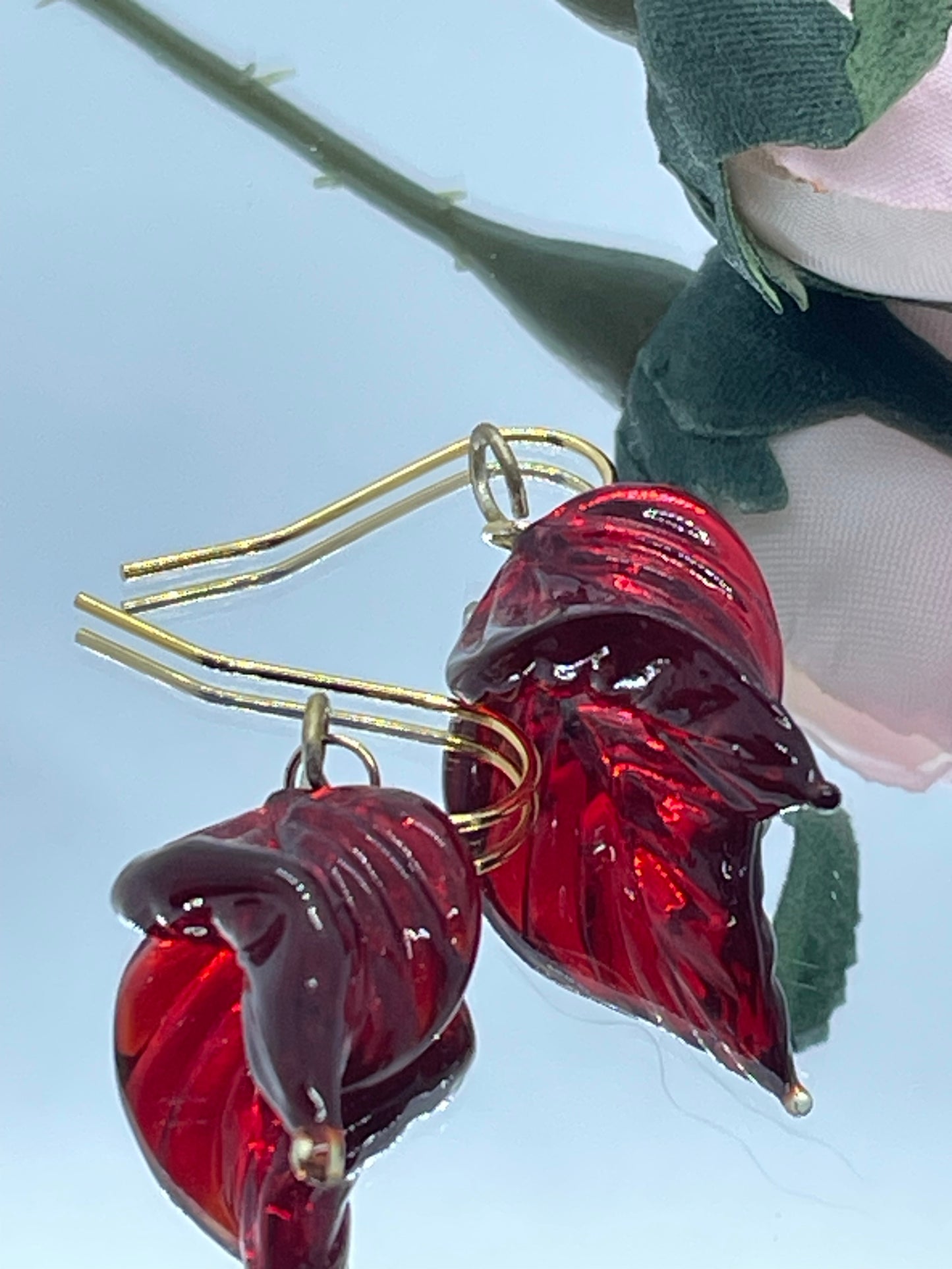 Rose red glass leaf drop earrings