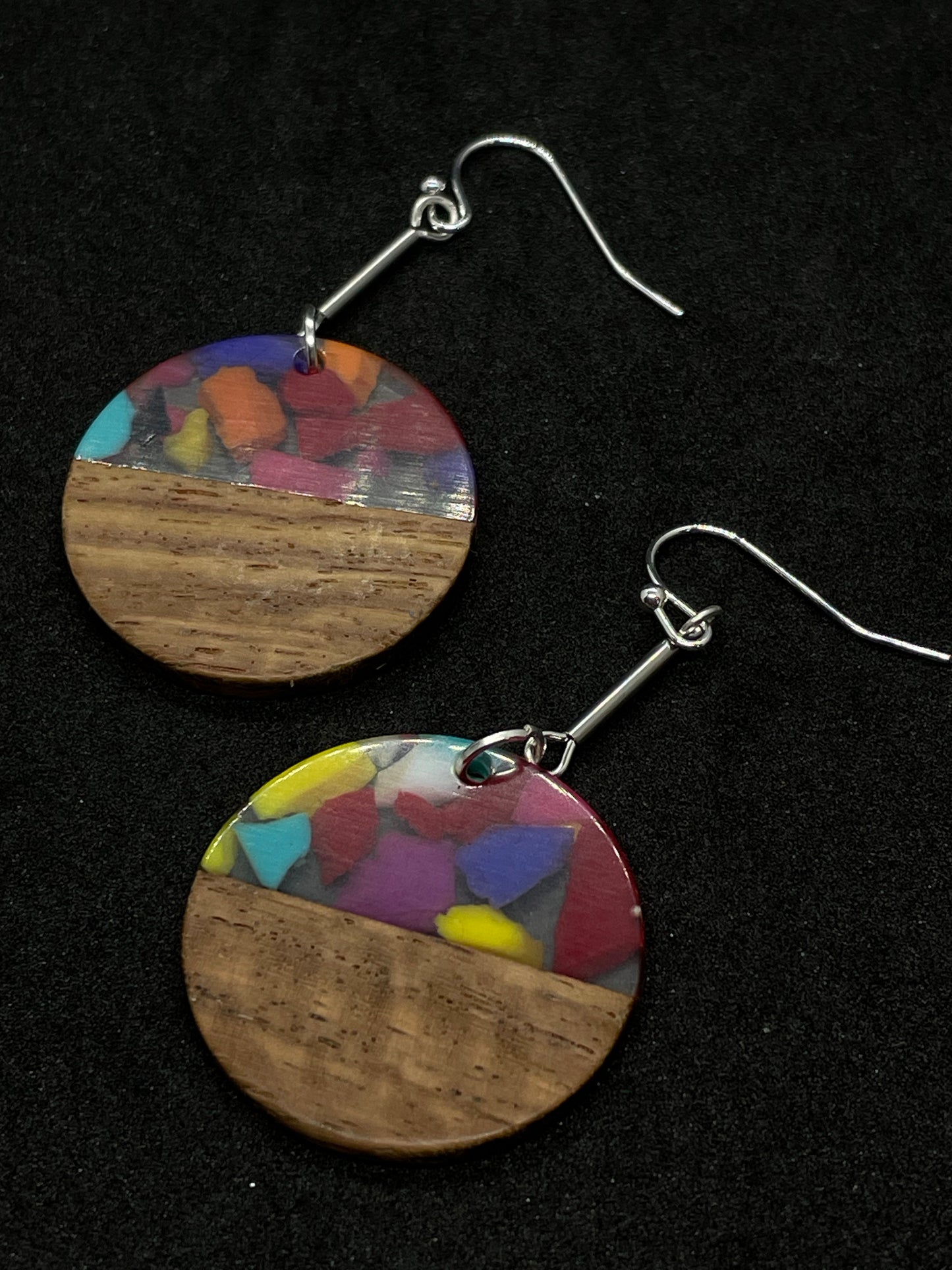 Wooden disc with multi-coloured resin detail short or medium drop, drop earrings