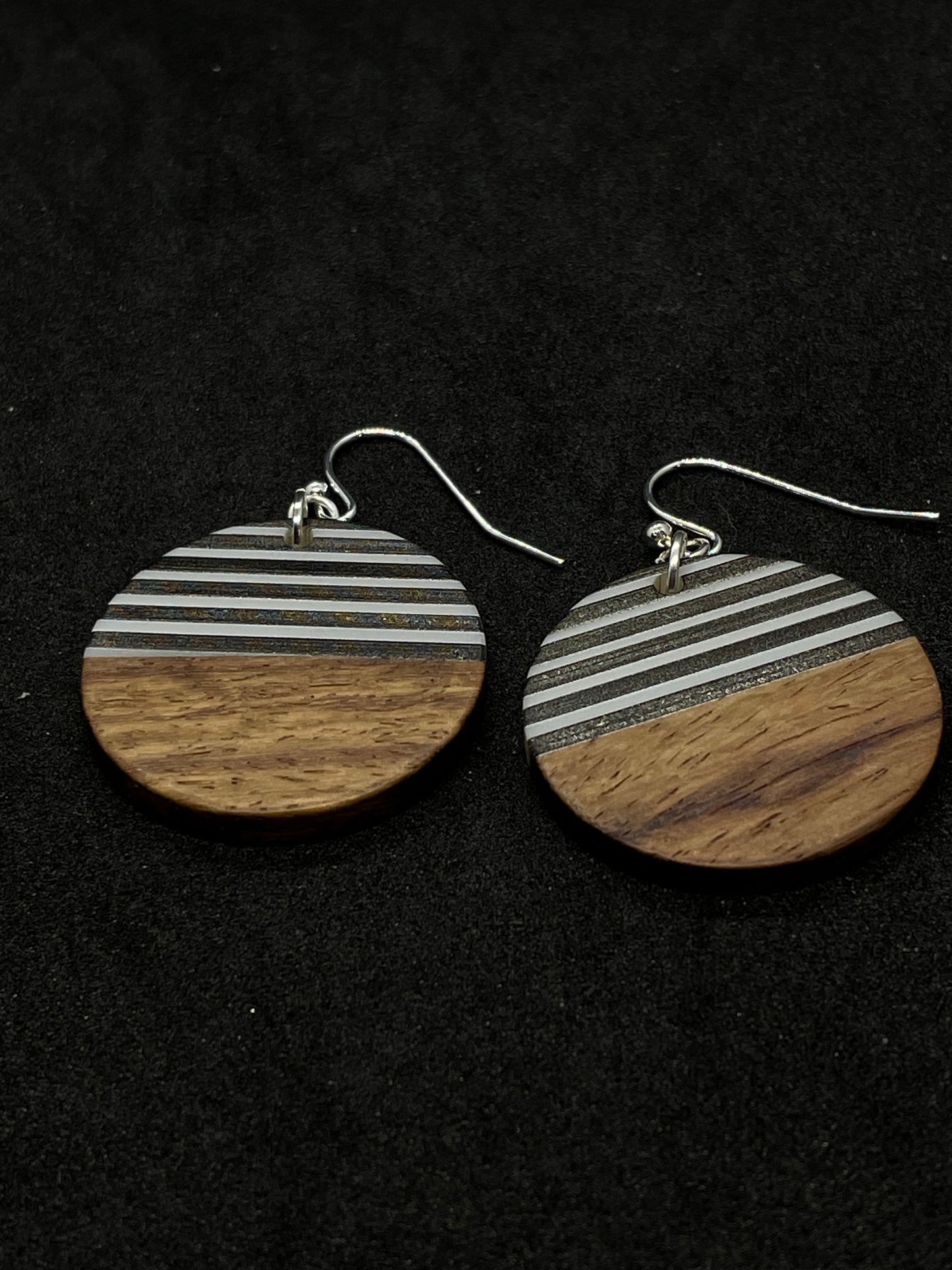 Wooden disc with black & white resin drop earrings