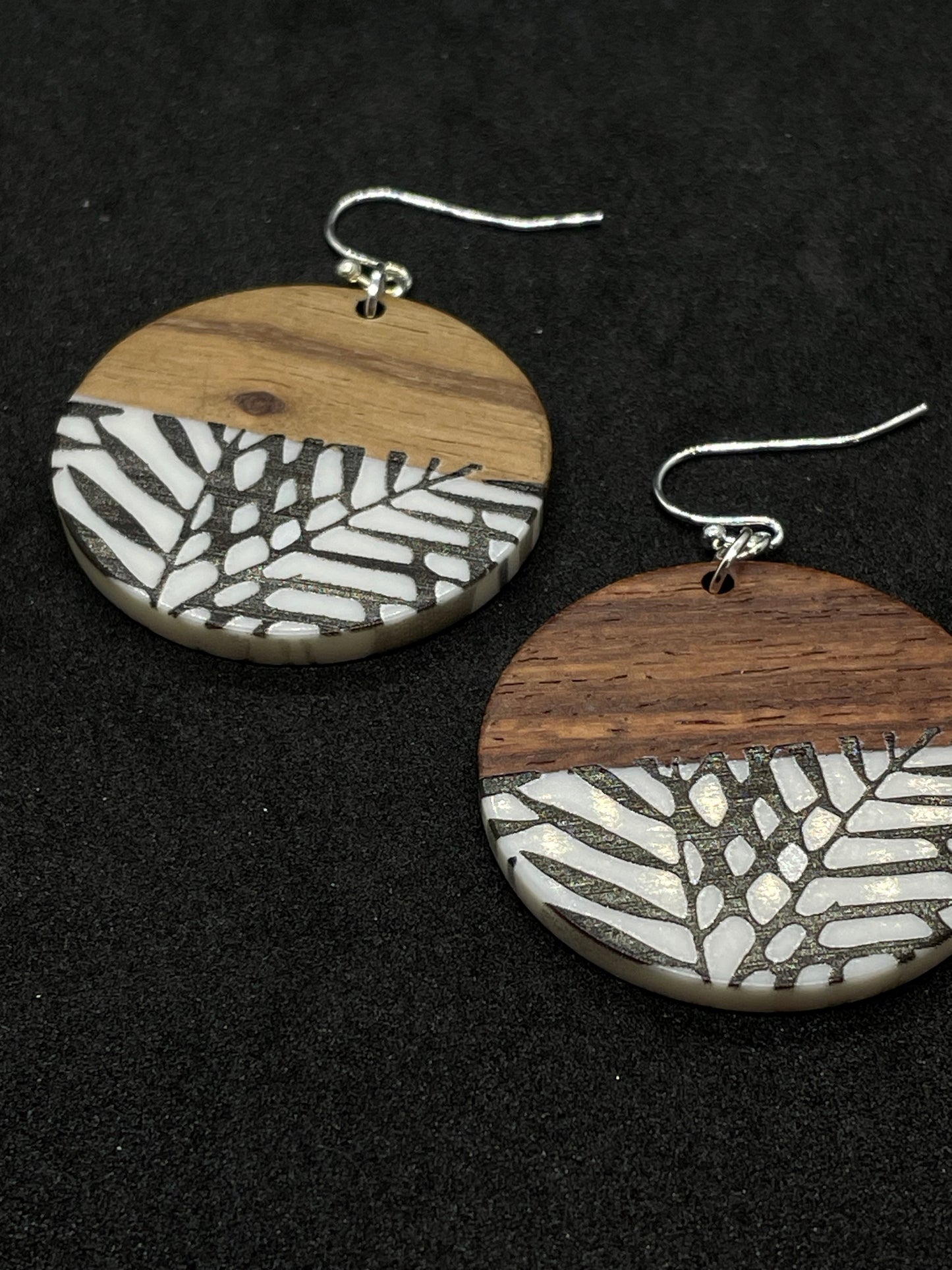 Wooden disc with black & white resin drop earrings