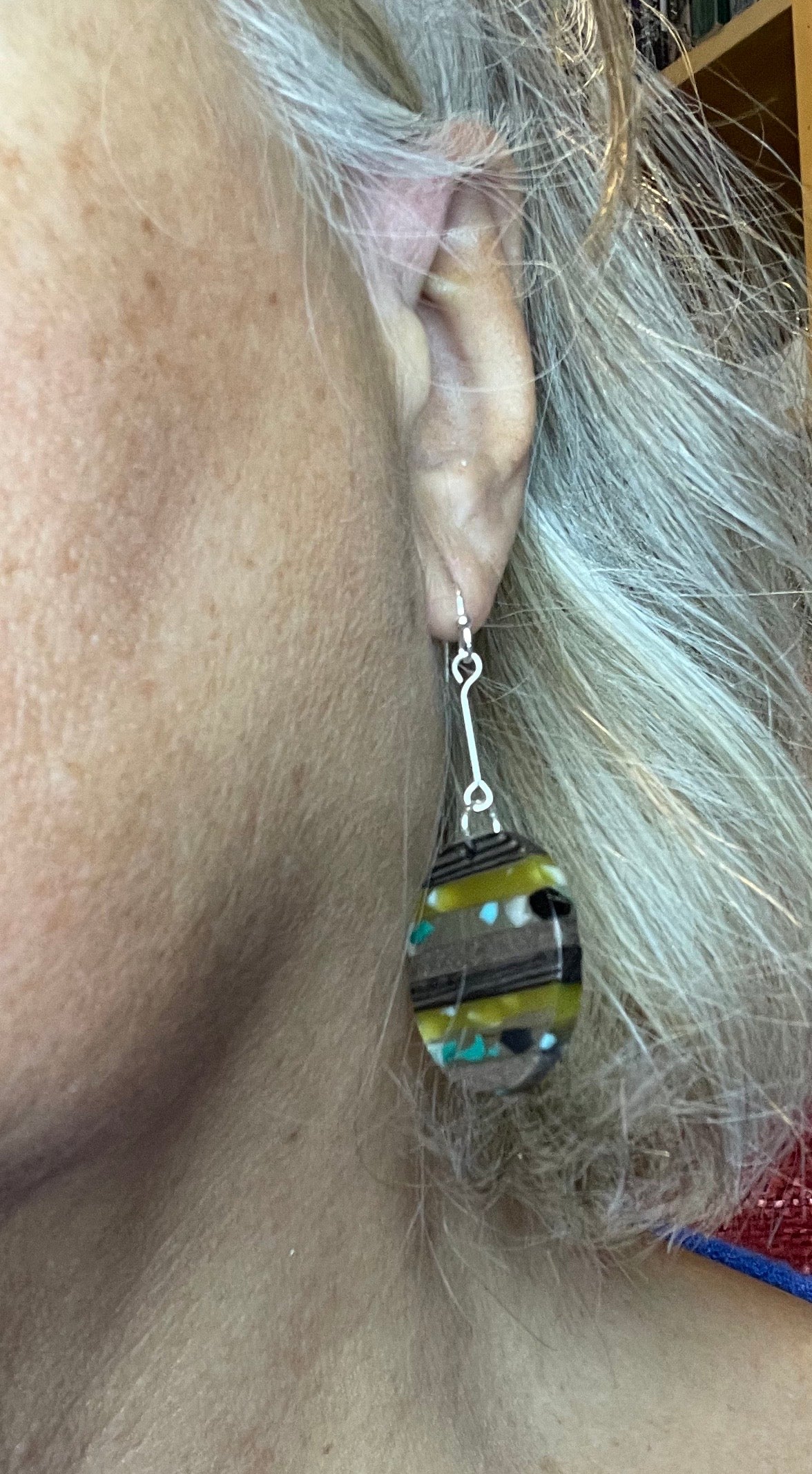 Wooden disc with resin detail drop earrings - greens, clear black & white resin