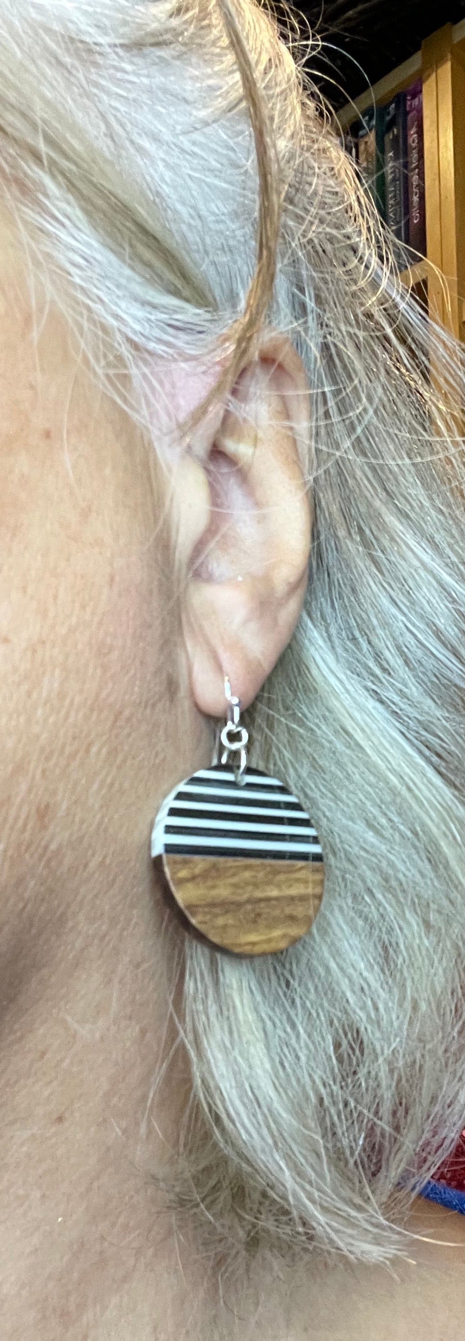 Wooden disc with black & white resin drop earrings