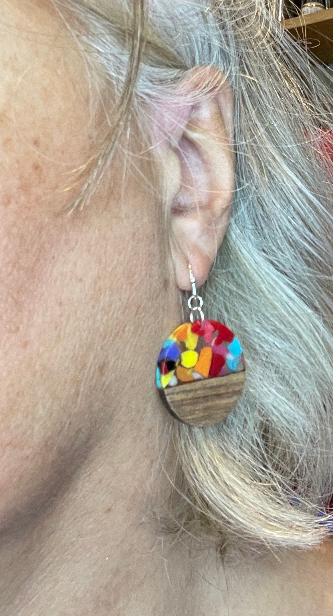 Wooden disc with multi-coloured resin detail short or medium drop, drop earrings