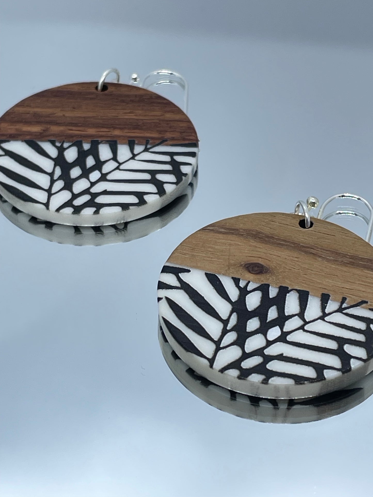 Wooden disc with black & white resin drop earrings