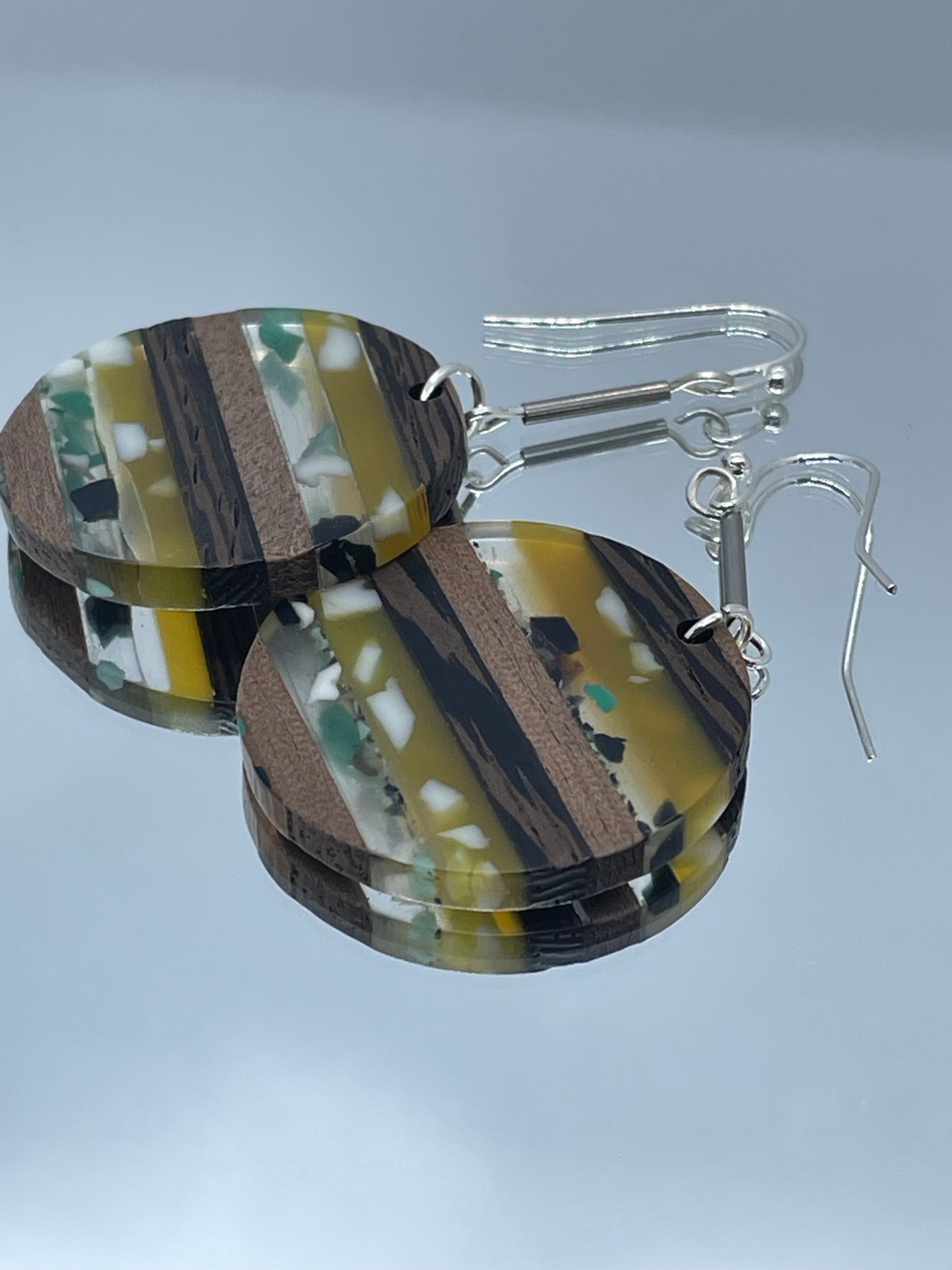 Wooden disc with resin detail drop earrings - greens, clear black & white resin