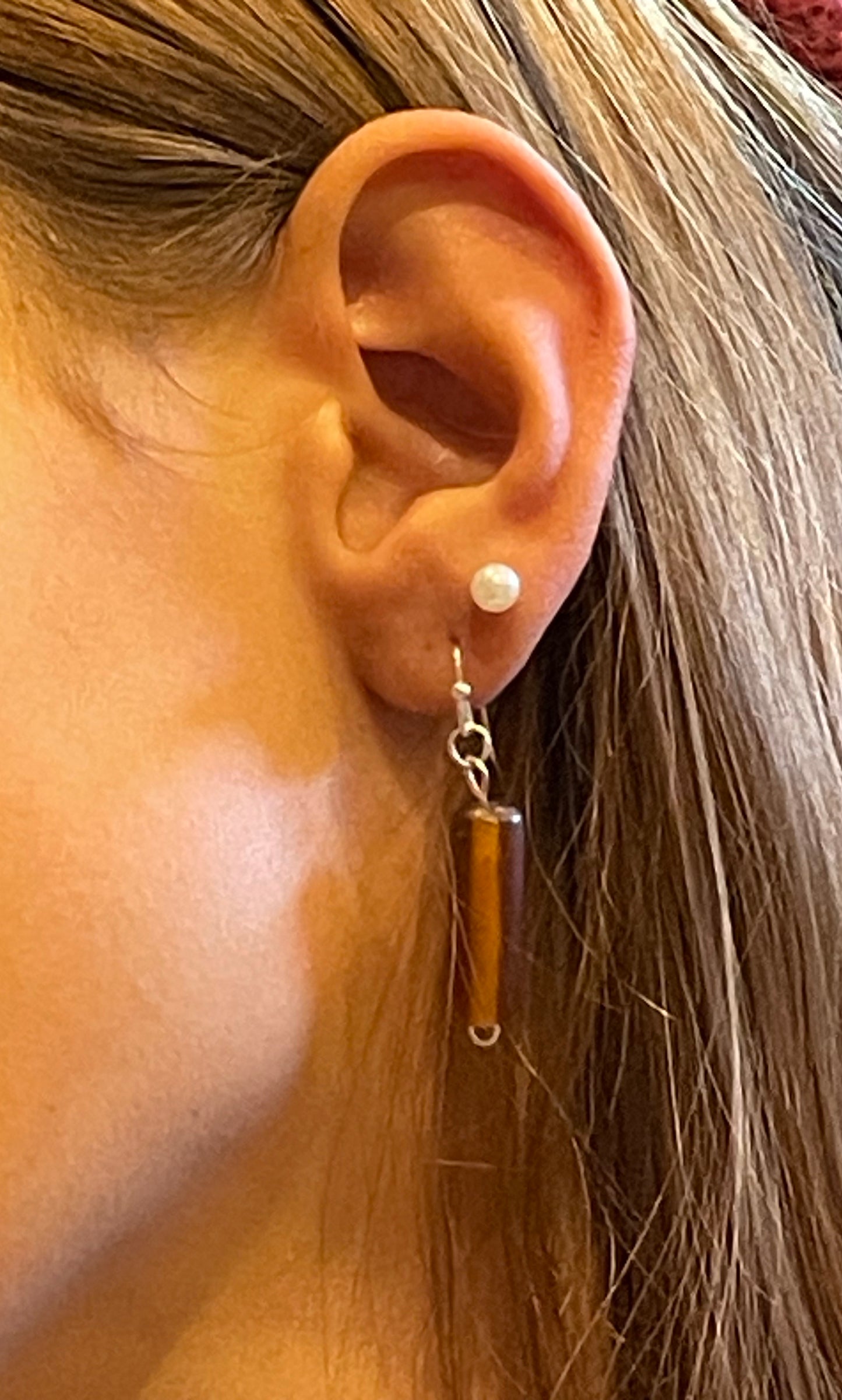 Grey glass cylinder bead drop earrings